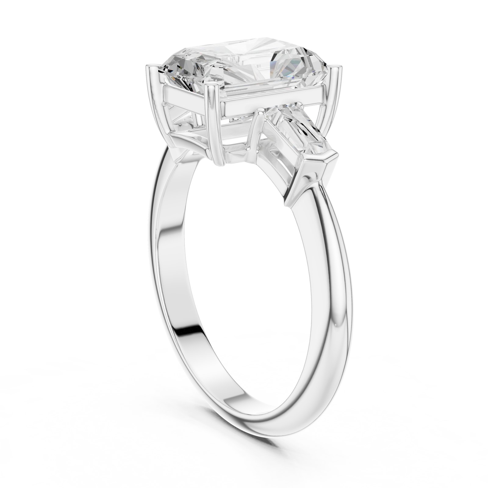 Savannah Radiant Three Stone Engagement Ring with Baguettes in white gold