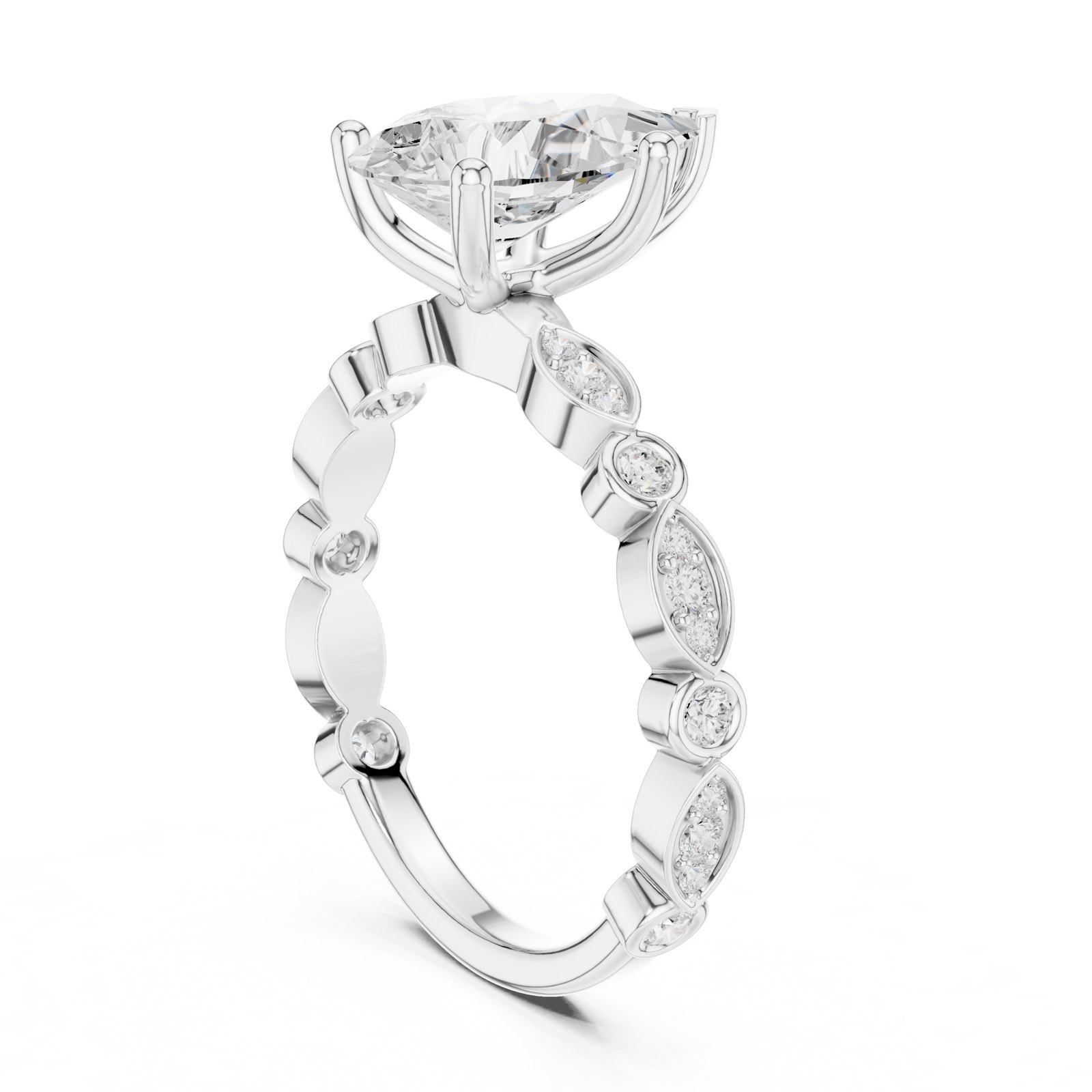 Celina Pear Solitaire Engagement Ring with Bezel Station Band in white gold
