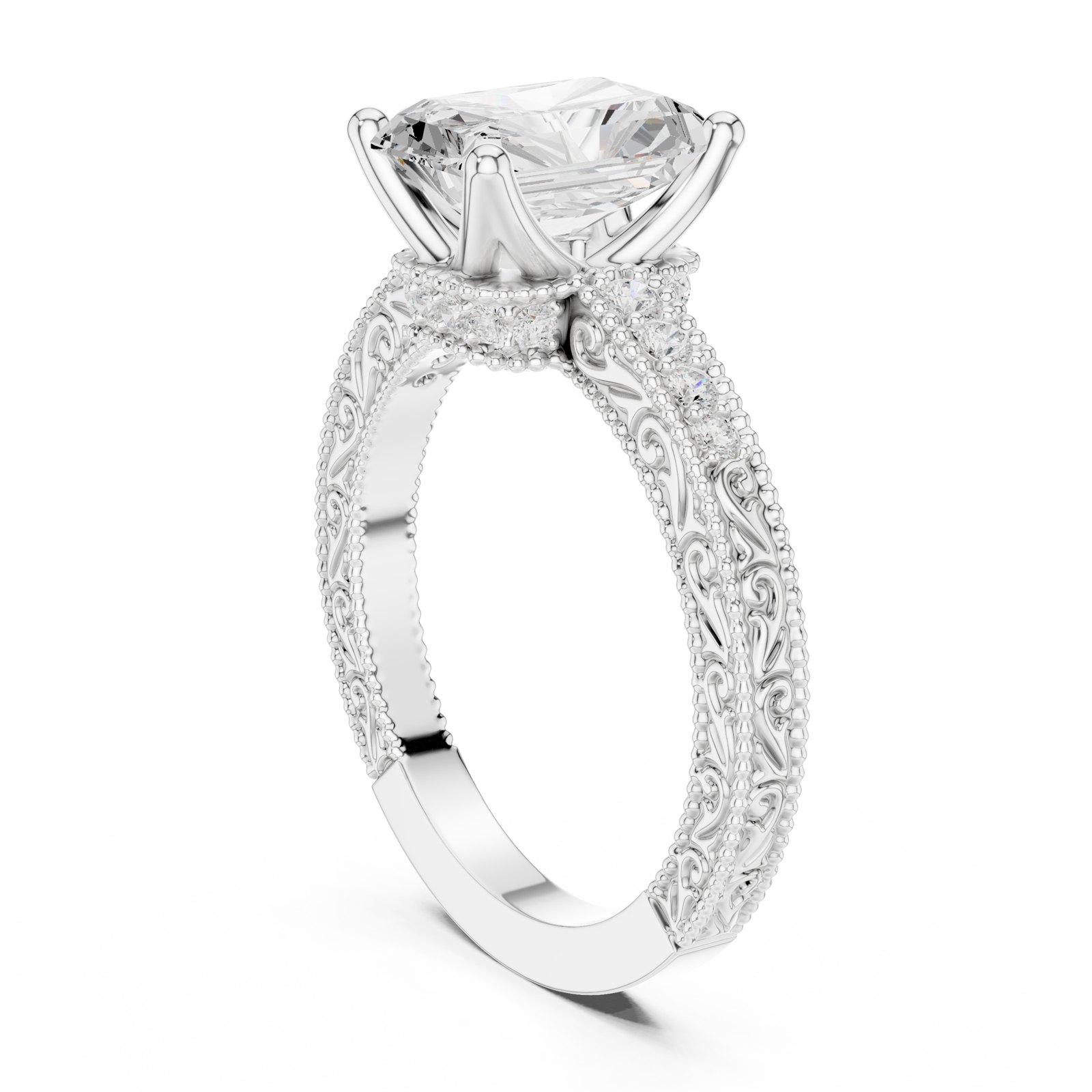 Brita Radiant Cut Vintage Engagement Ring with Engraved Band in white gold