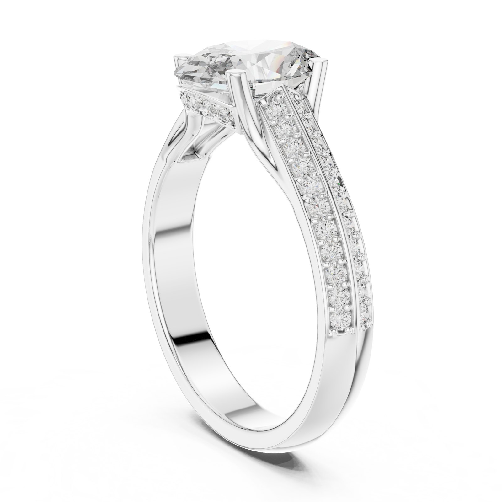 Freesia Oval Solitaire Engagement Ring with Wide Pavé Band in white gold