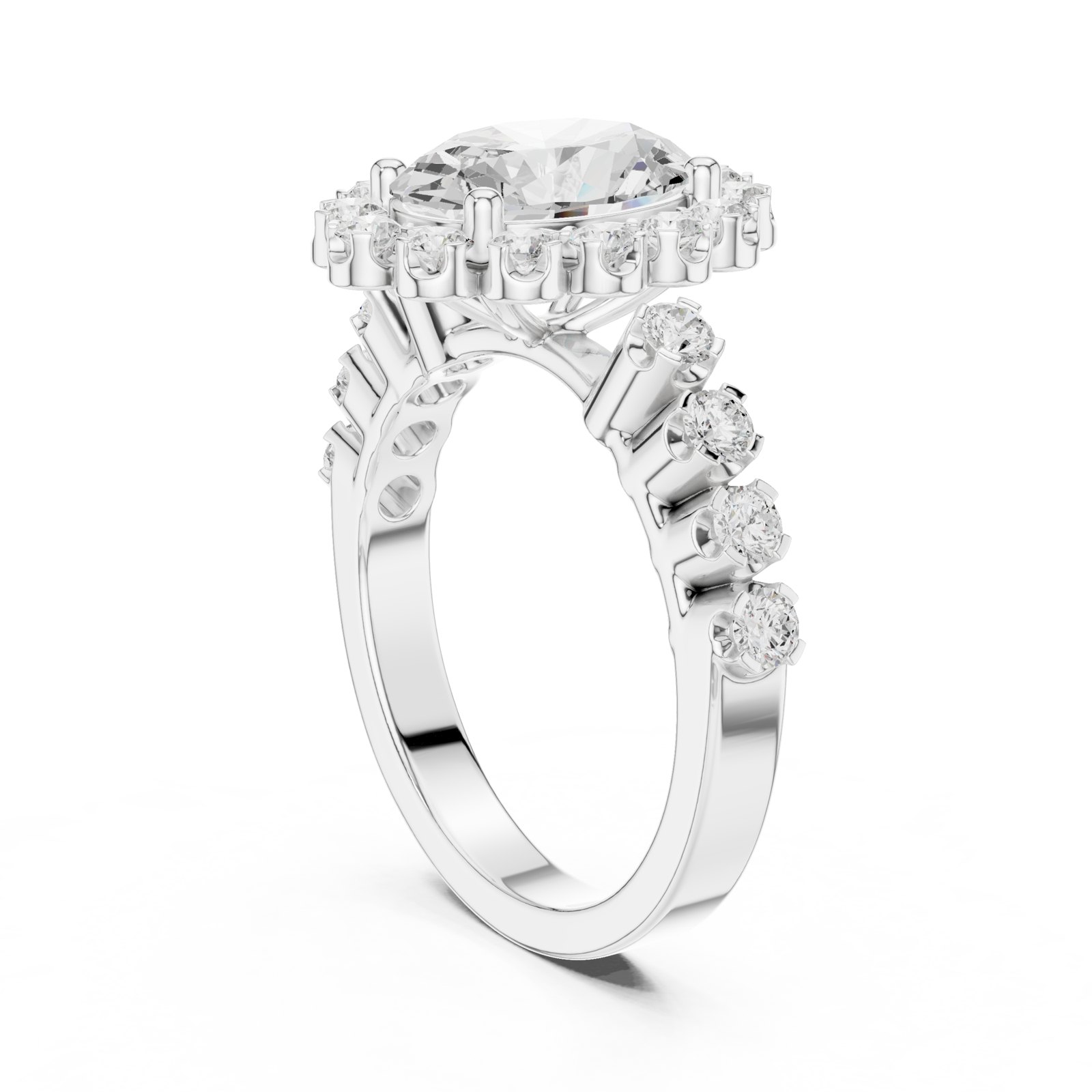 Eila Oval Floral Halo Engagement Ring with Graduated Shoulders in white gold