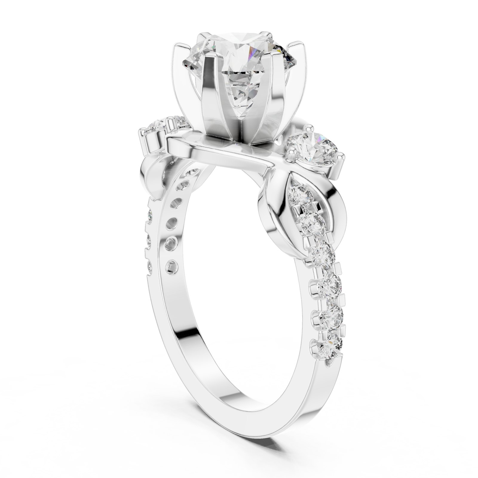 Gerda Round Botanical Leaf Engagement Ring with Side Stones in white gold