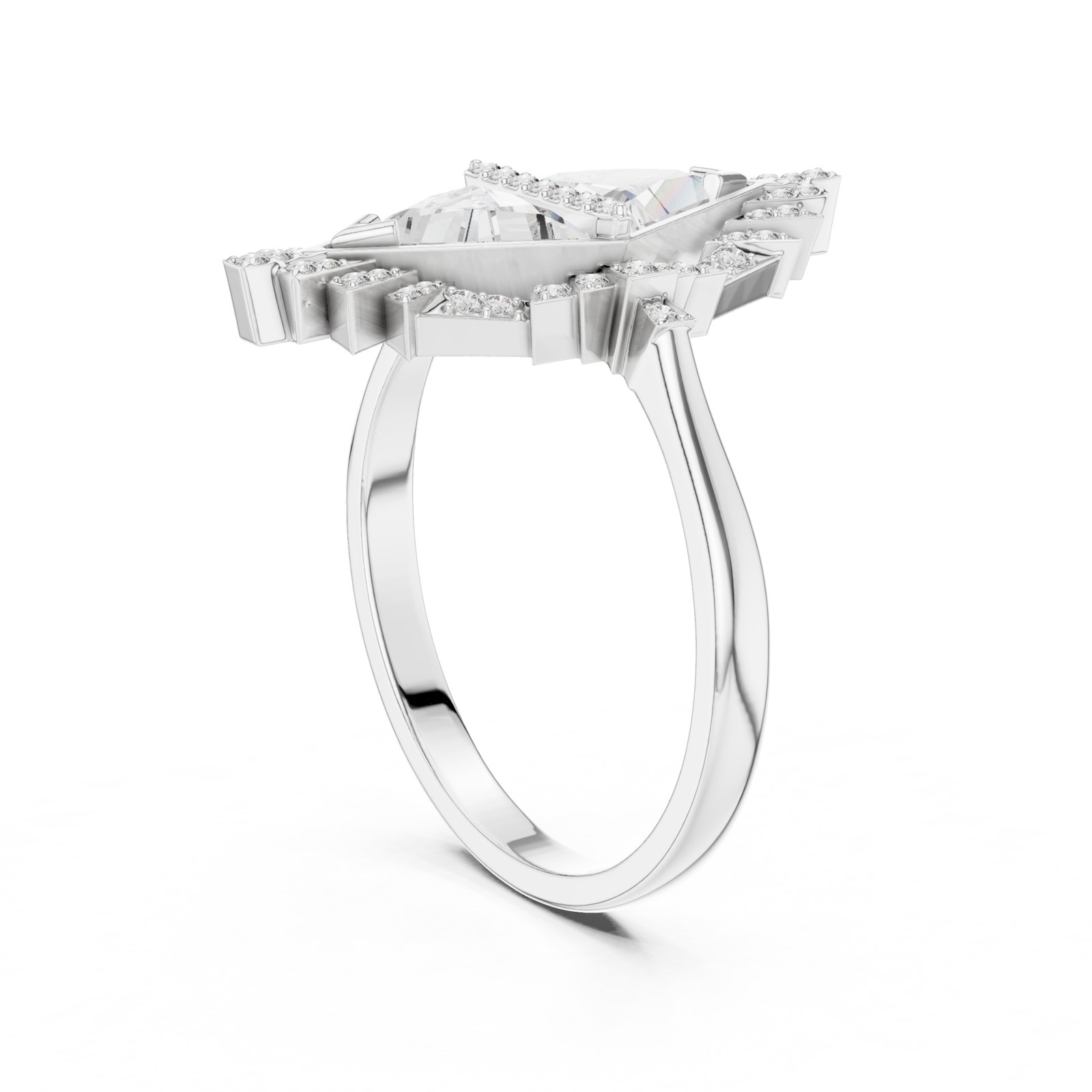 Bellina Triangle Diamond Cocktail Ring with Sunburst Halo in white gold