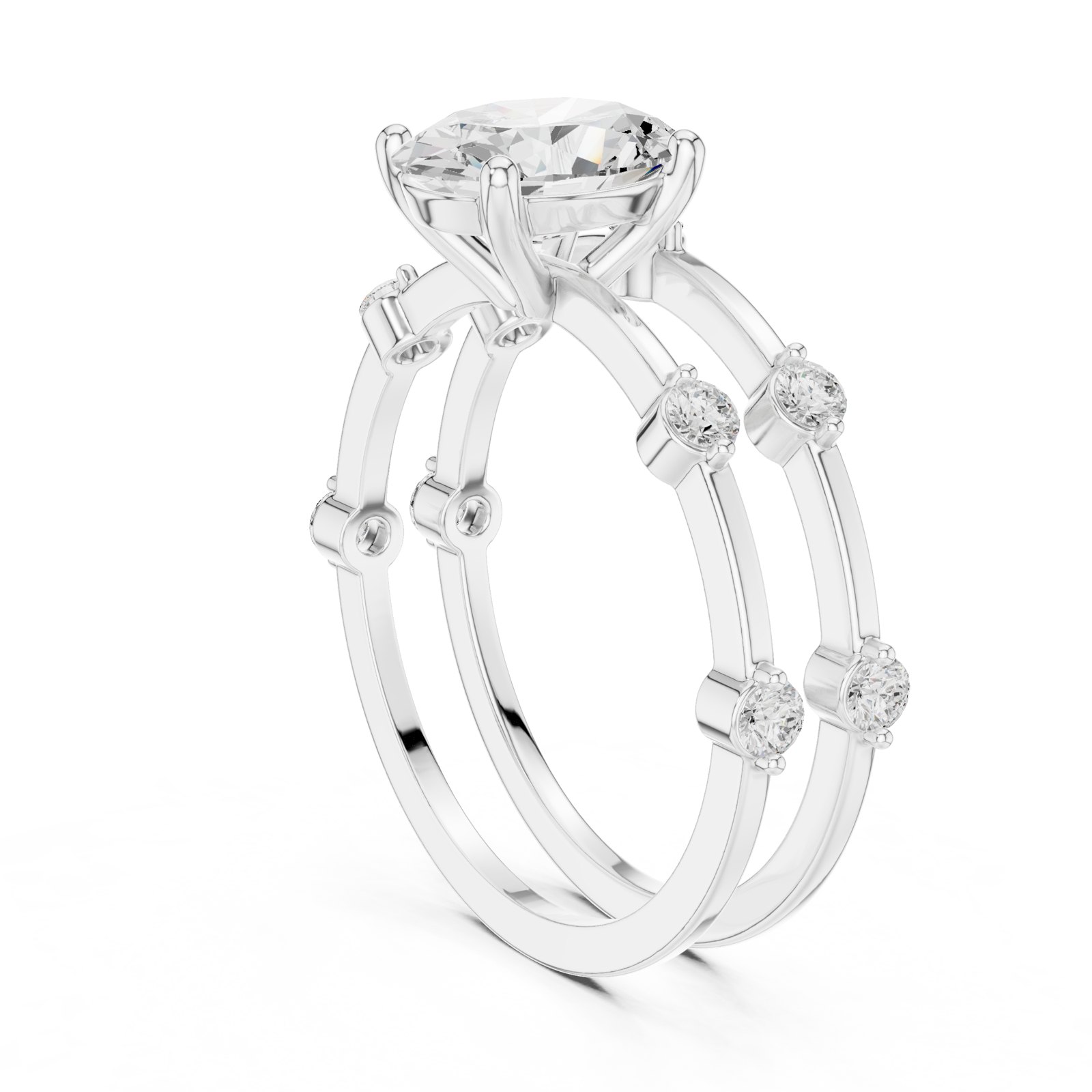 Dorina Oval Double Band Engagement Ring with Floating Diamonds in white gold