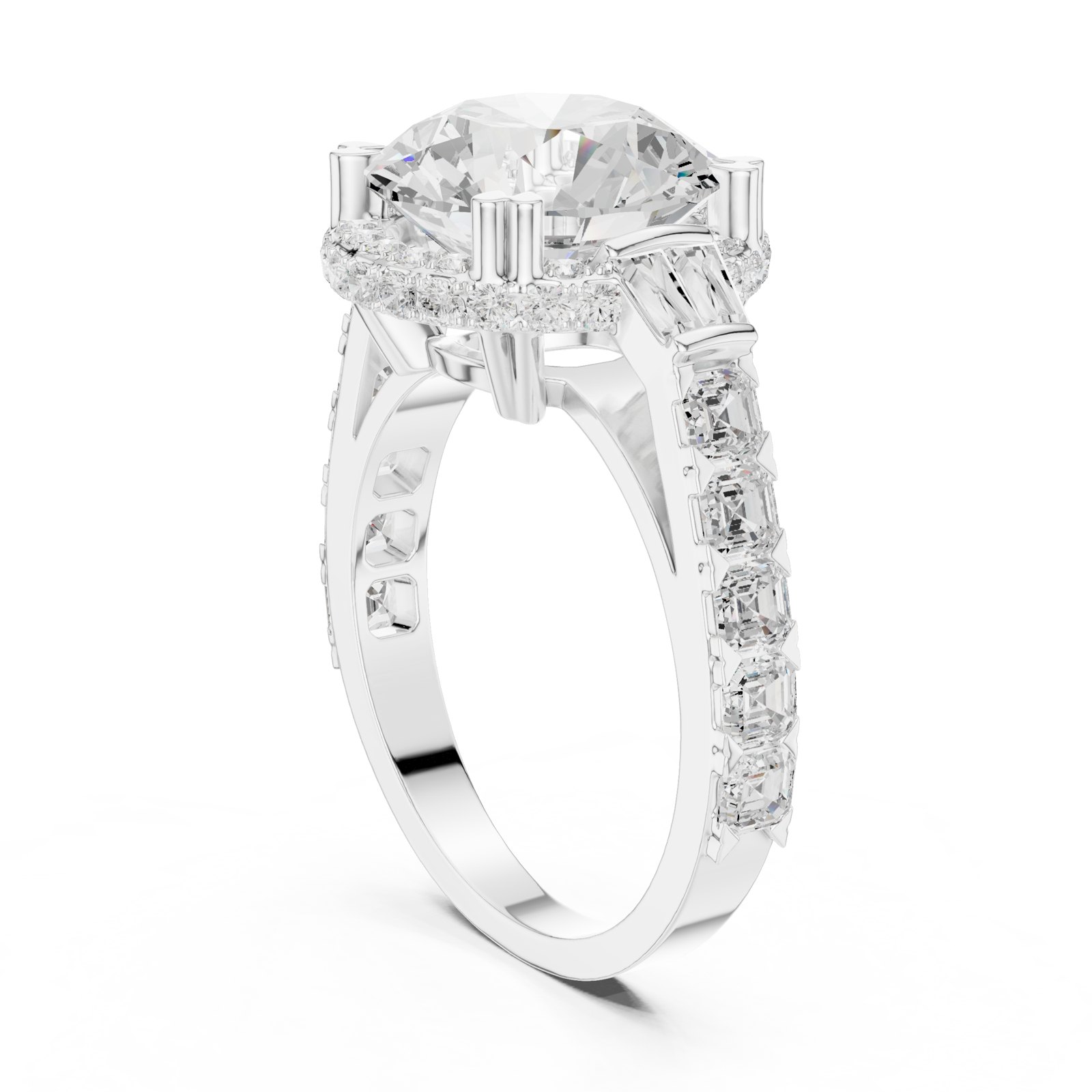 Donata Round Hidden Halo Engagement Ring with Emerald Cut Shoulders in white gold