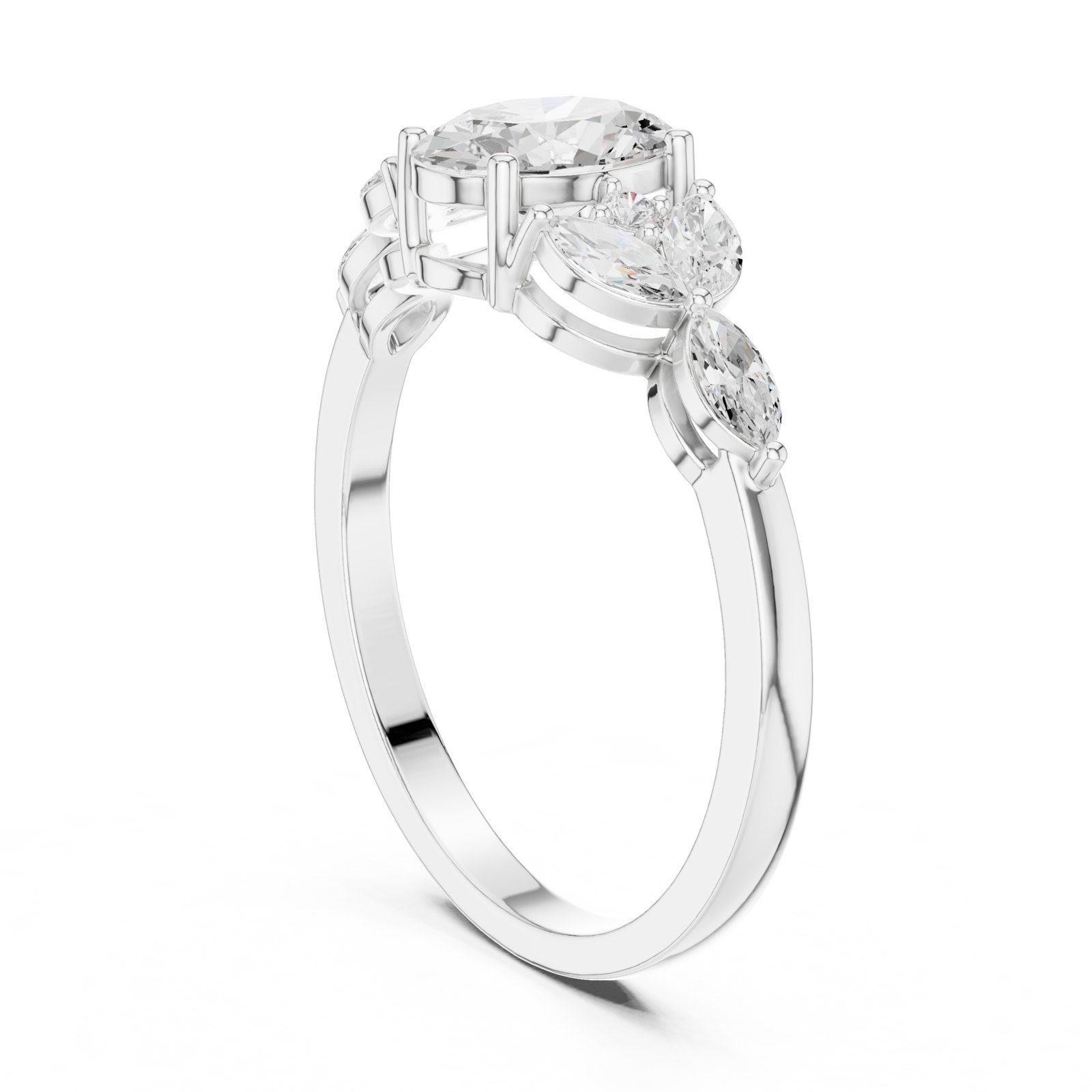 Rue Oval Nature Inspired Engagement Ring with Marquise Clusters in white gold