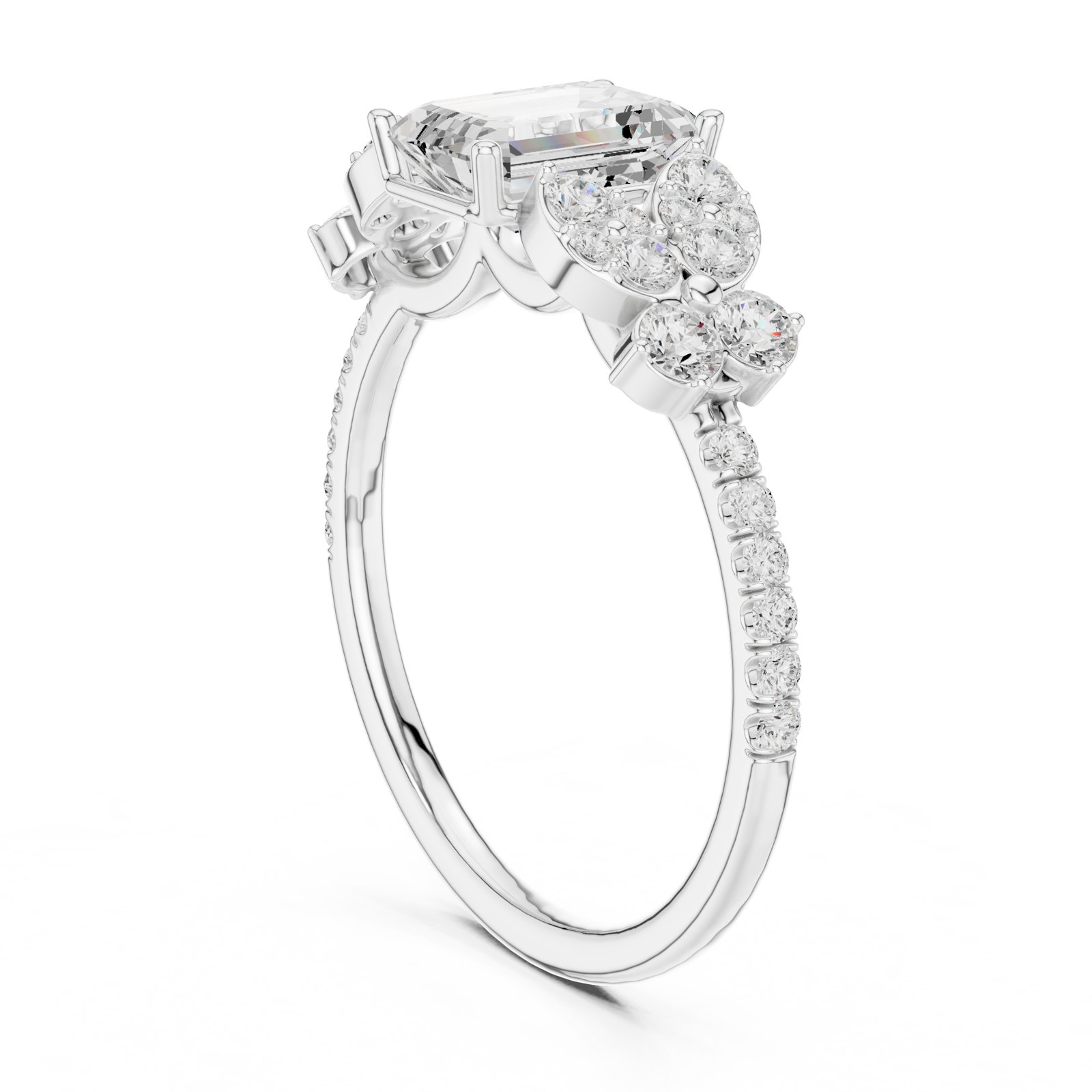 Hesper Emerald Cut Nature Inspired Cluster Engagement Ring in white gold