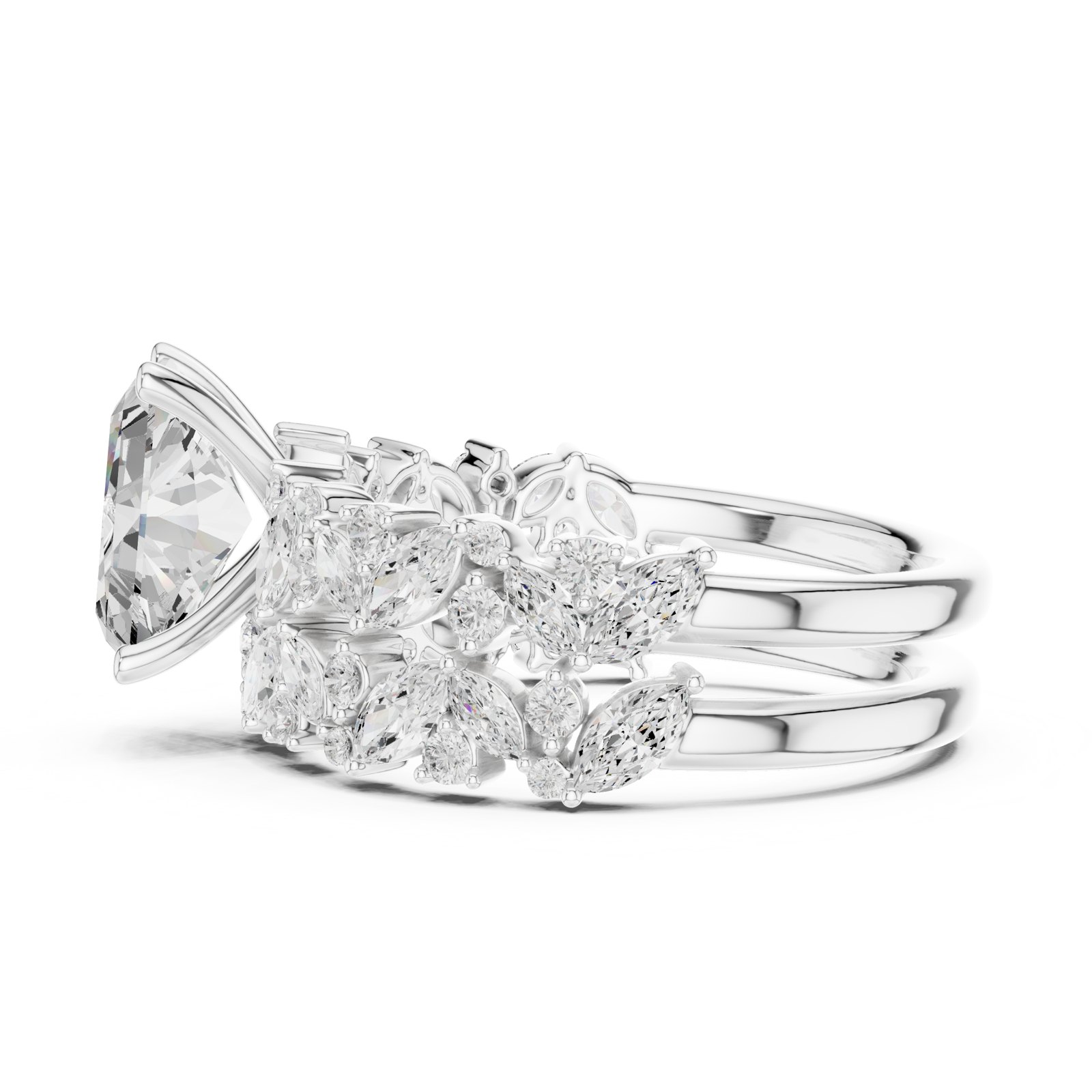 Bibiana Radiant Engagement Ring with Stacked Marquise Cluster Band in white gold