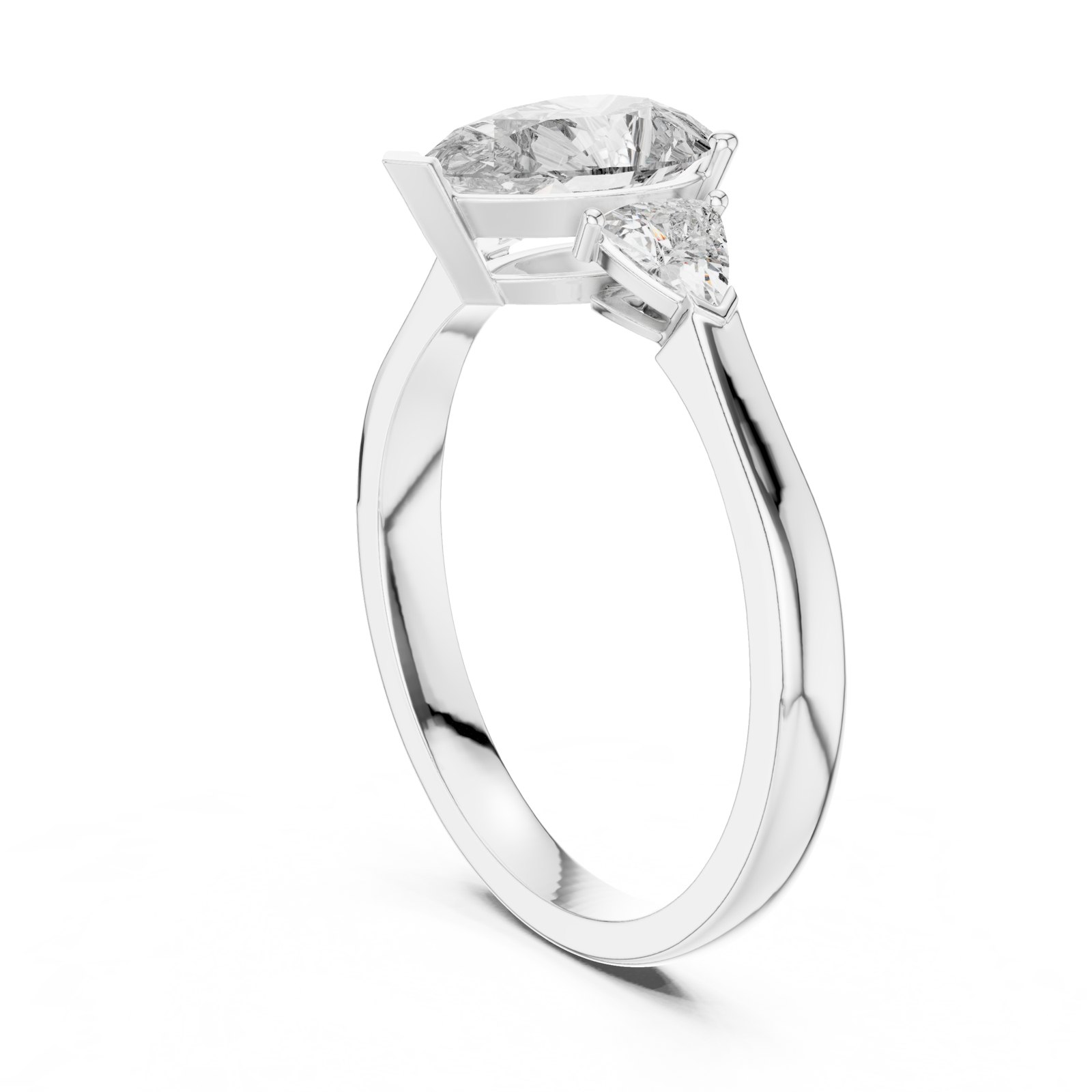 Mireille Pear Three Stone Ring with Trillion Side Stones in white gold