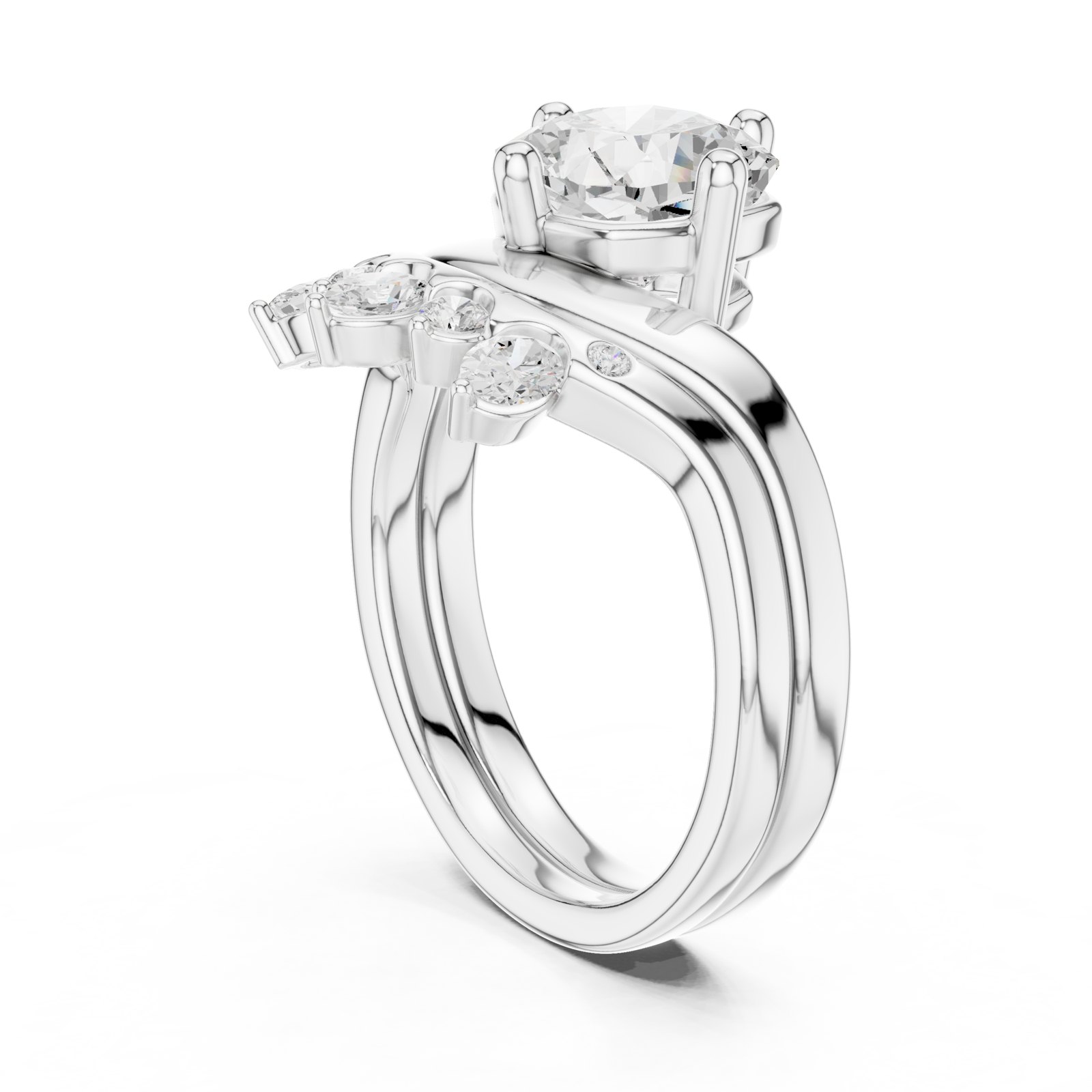 Lilibet Cushion Bypass Engagement Ring with Cluster Shoulder in white gold