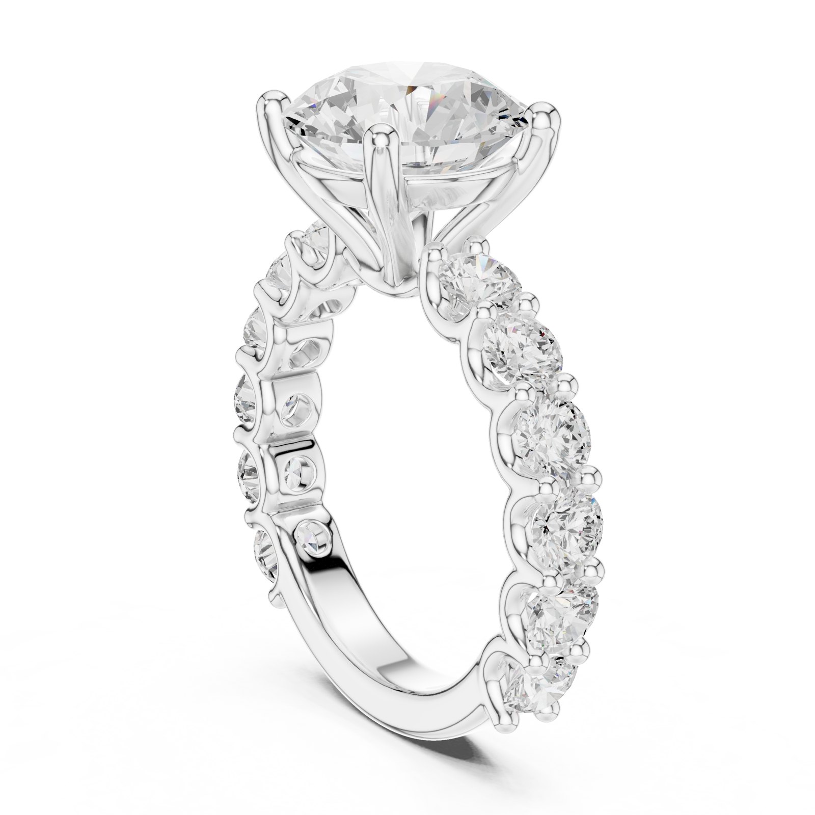 Tania Round Solitaire Engagement Ring with Shared Prong Band in white gold
