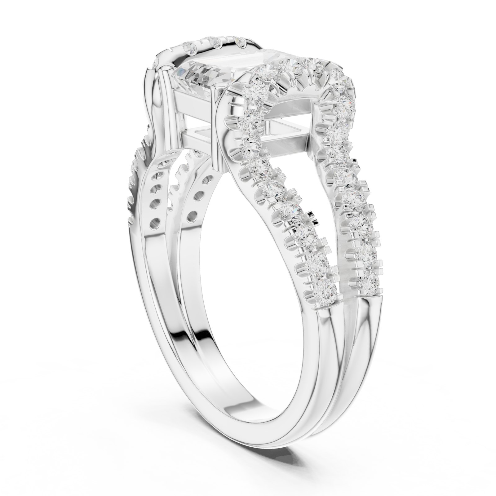 Constance Emerald Cut Split Shank Pavé Engagement Ring in white gold