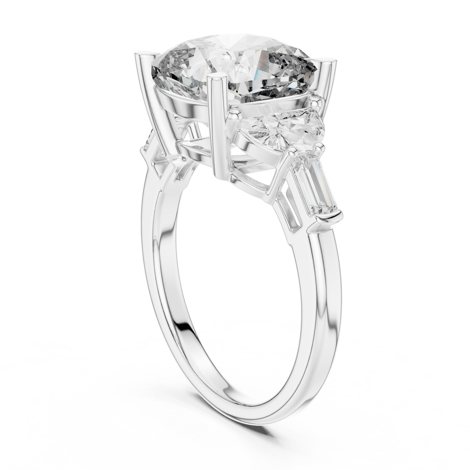Gitta Cushion Engagement Ring with Half-Moon and Baguette Sides in white gold