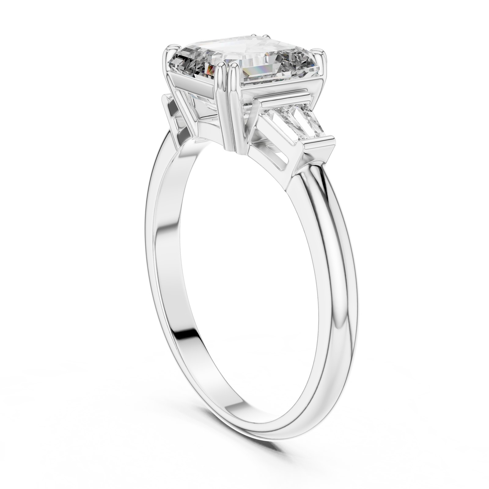 Maya Emerald Cut Three Stone Ring with Slim Baguettes in white gold