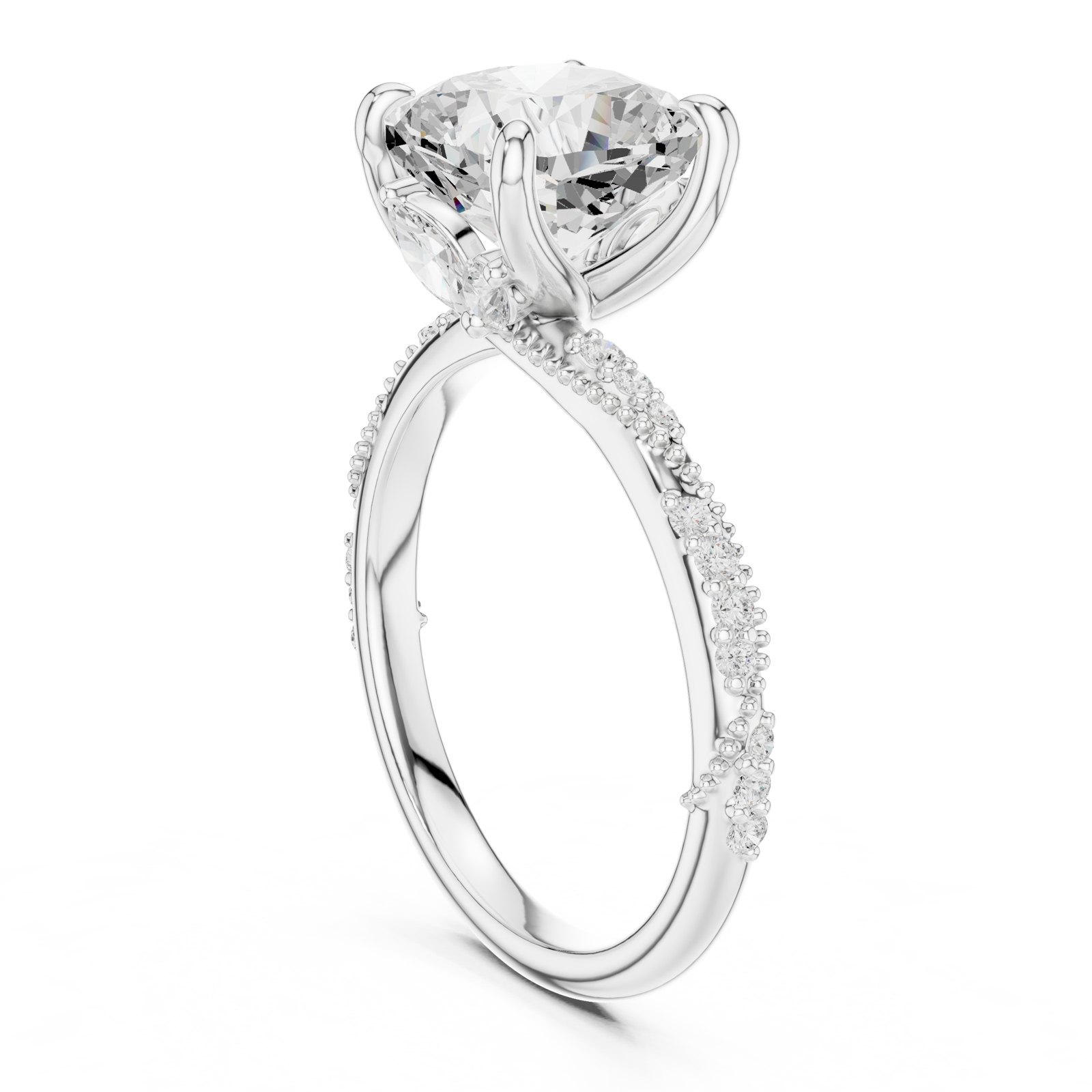 Cecilia Cushion Twisted Milgrain Pavé Engagement Ring in white gold