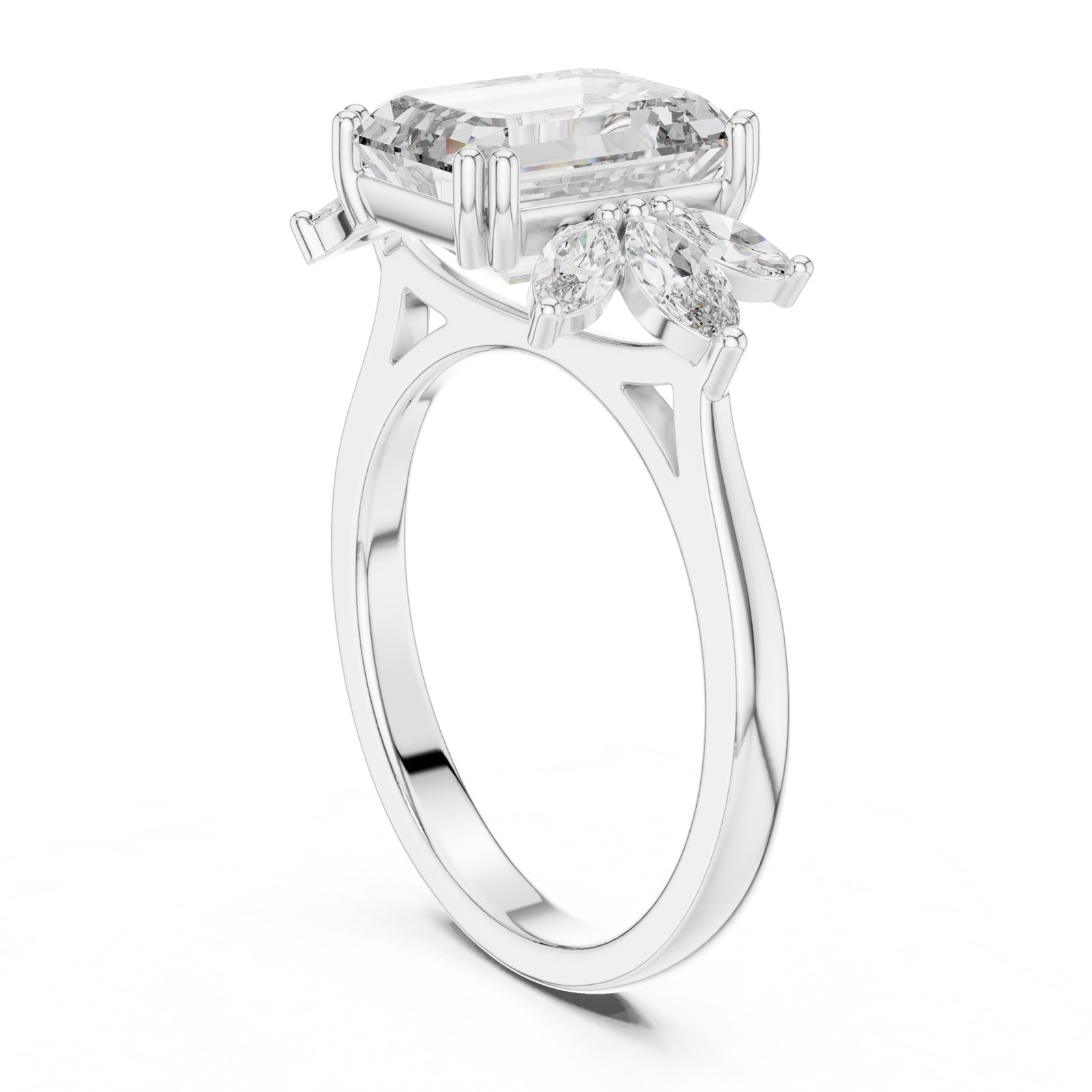 Neve Emerald Cut Ring with Marquise Leaf Cluster in white gold