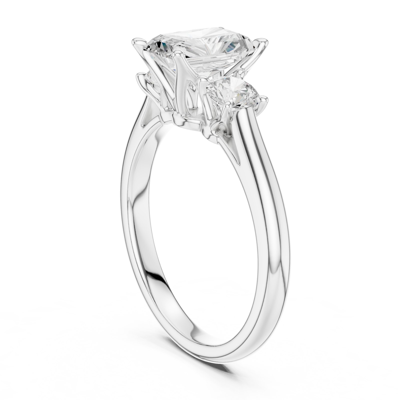 Evelyne Radiant Three Stone Engagement Ring with Round Sides in white gold