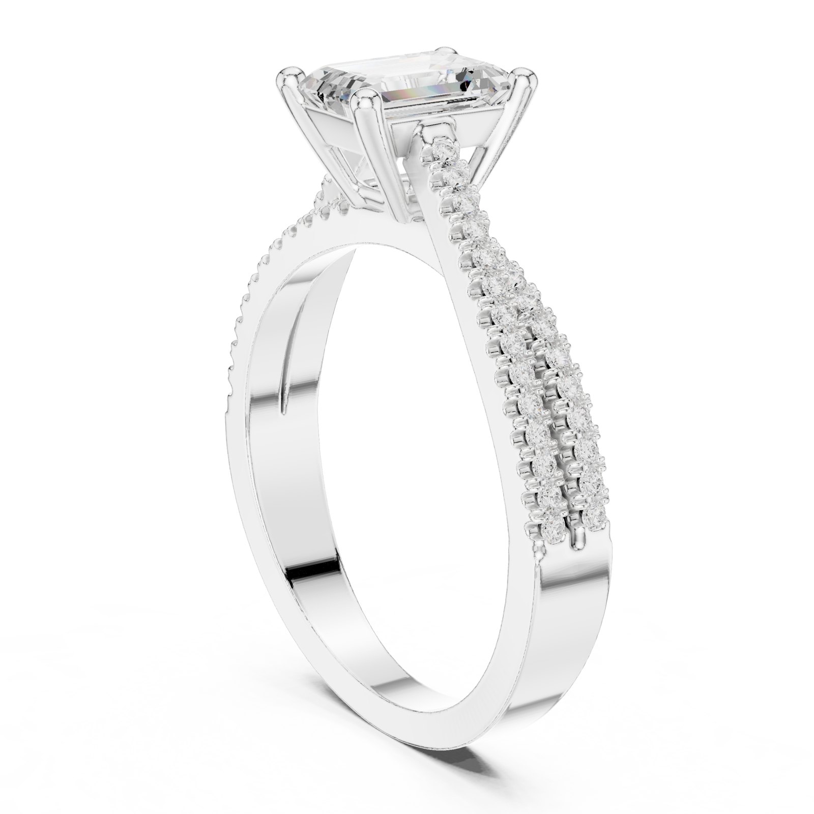Calla Emerald Cut Engagement Ring with Split Pavé Band in white gold