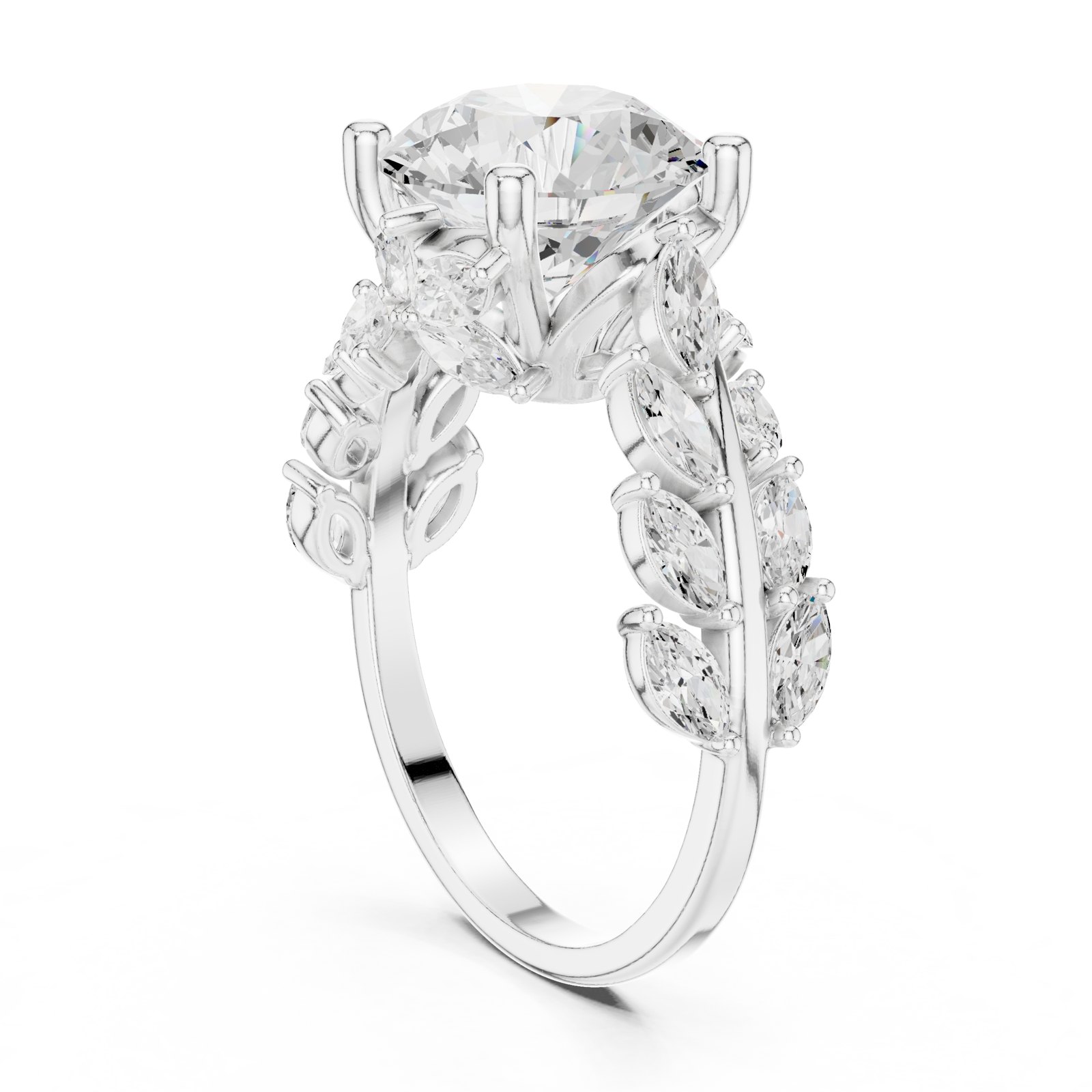 Delilah Round Leaf Vine Engagement Ring with Marquise Diamonds in white gold