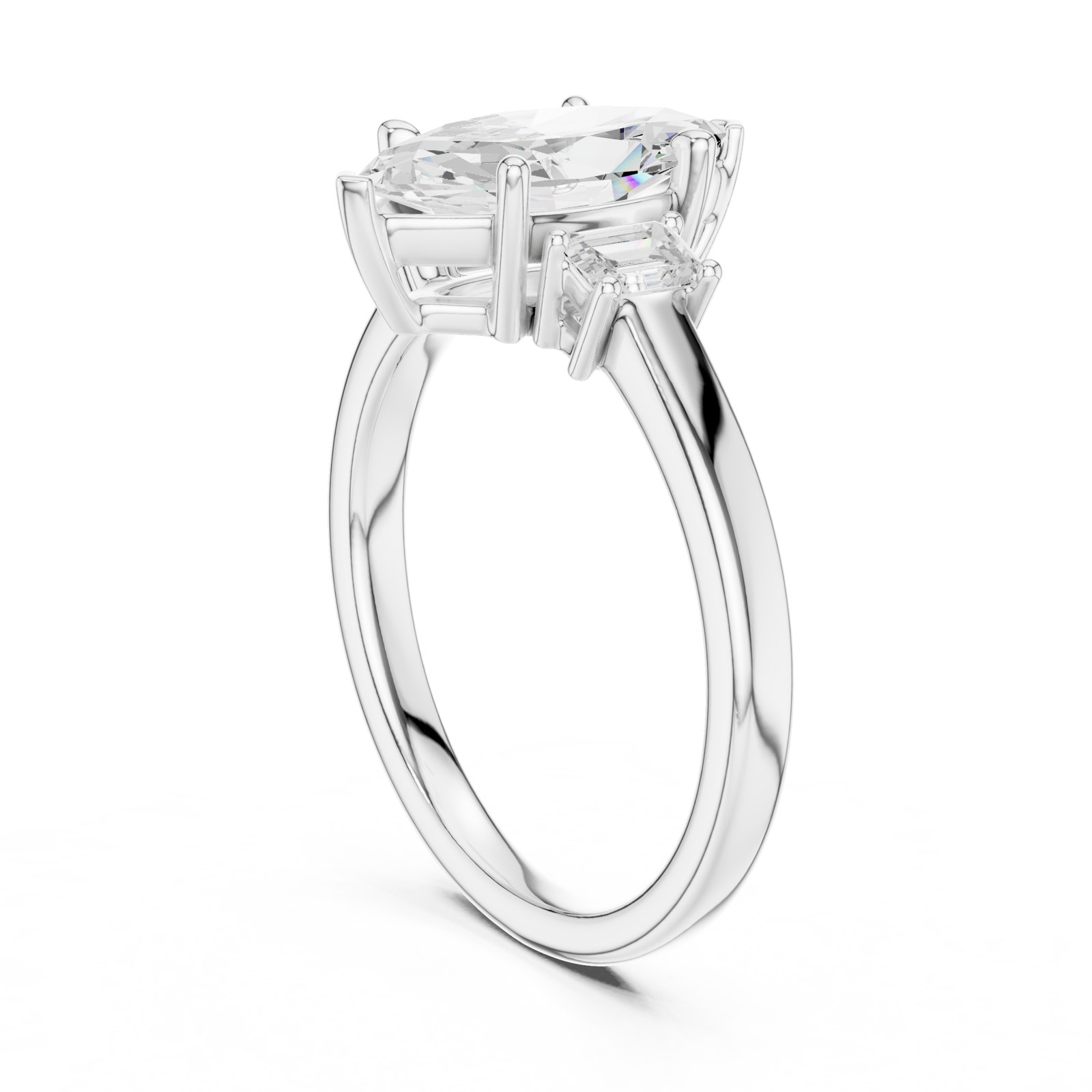 Rosalind Marquise Three Stone Engagement Ring with Emerald Sides in white gold