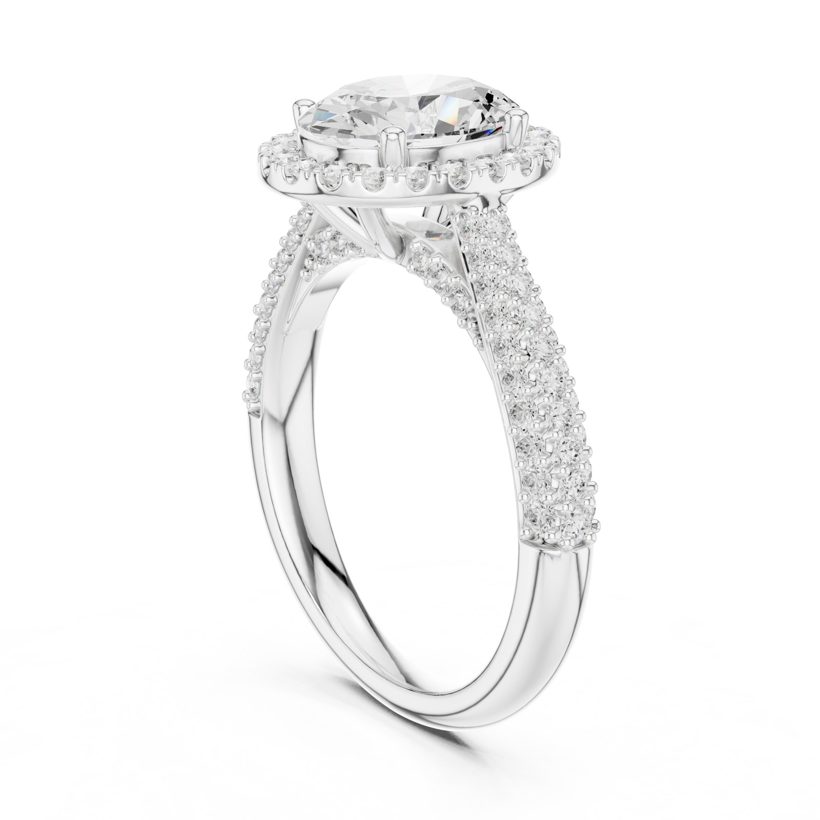Louisa Oval Halo Engagement Ring with Triple-Row Pavé Band in white gold