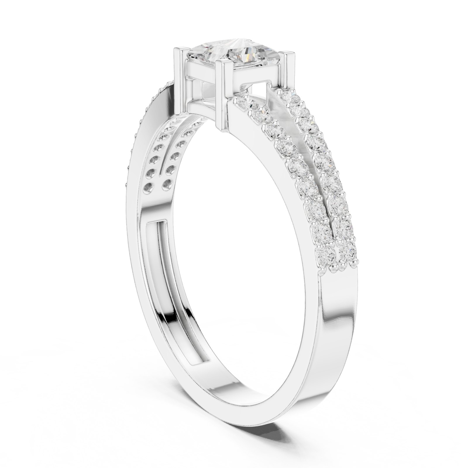 Kaia Princess Cut Split Pavé Band Solitaire Ring in white gold