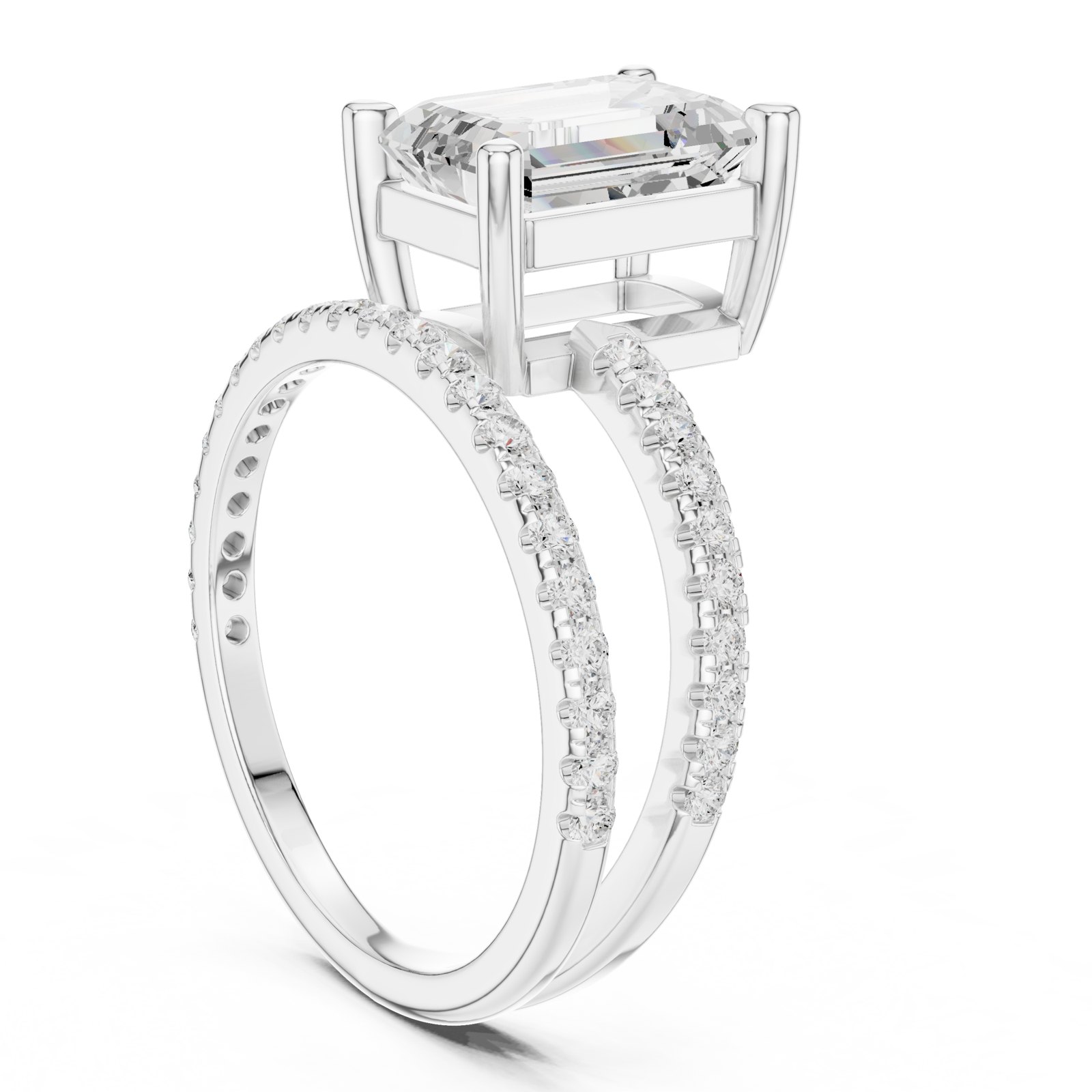 Anika Emerald Cut Bypass Pavé Engagement Ring in white gold