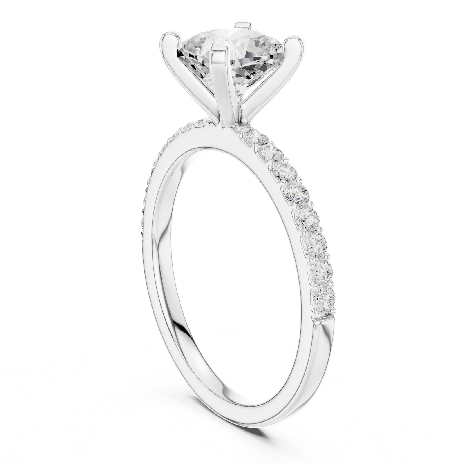 Hera Cushion Solitaire Engagement Ring with Pavé Band in white gold