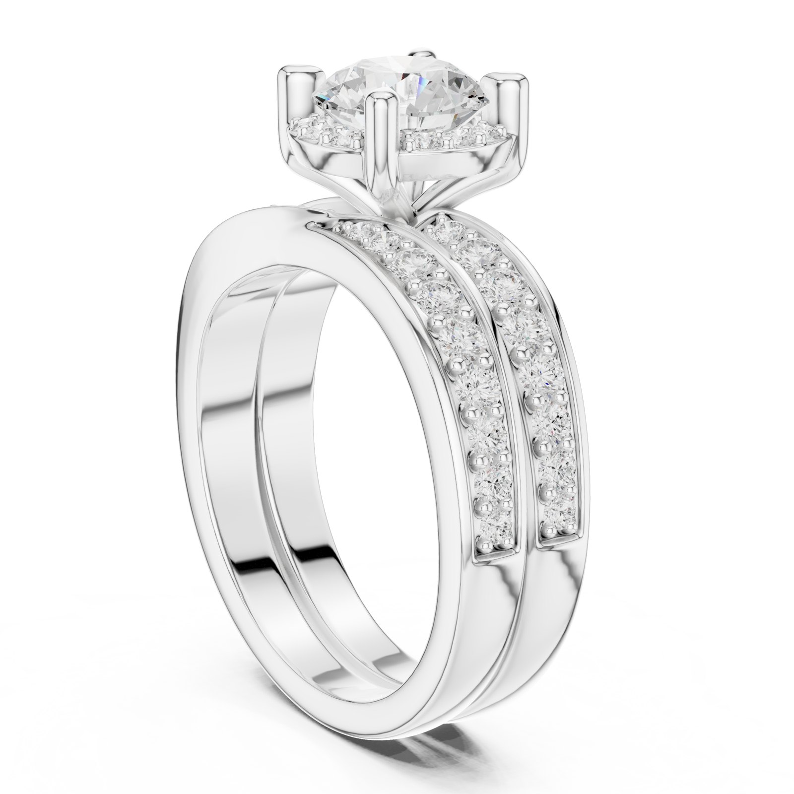 Eulalia Round Halo Engagement Ring with Pavé Band and Companion Band in white gold