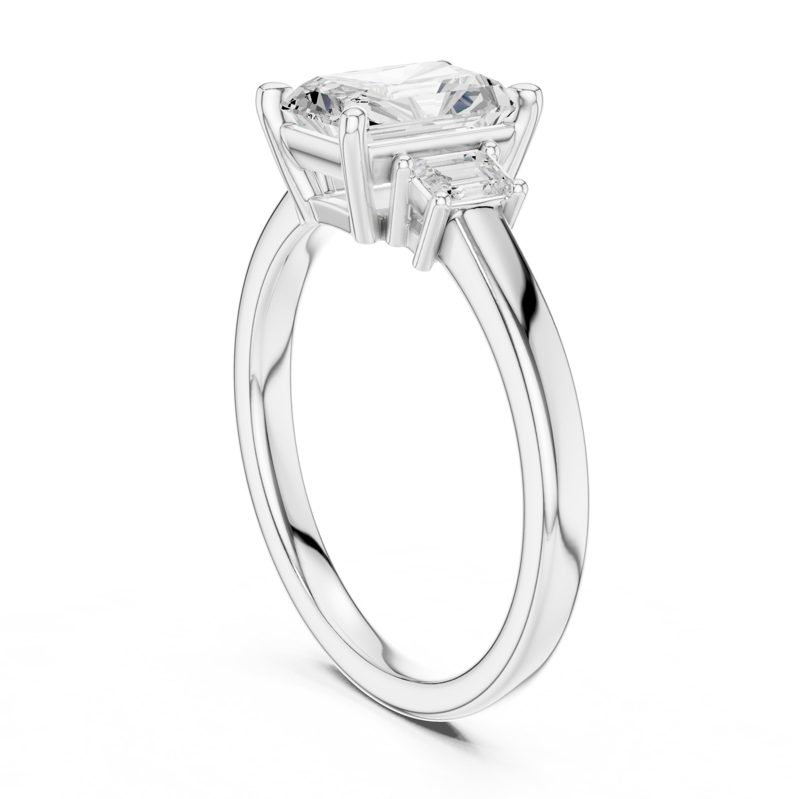 Priya Radiant Cut Three Stone Engagement Ring with Emerald Sides in white gold