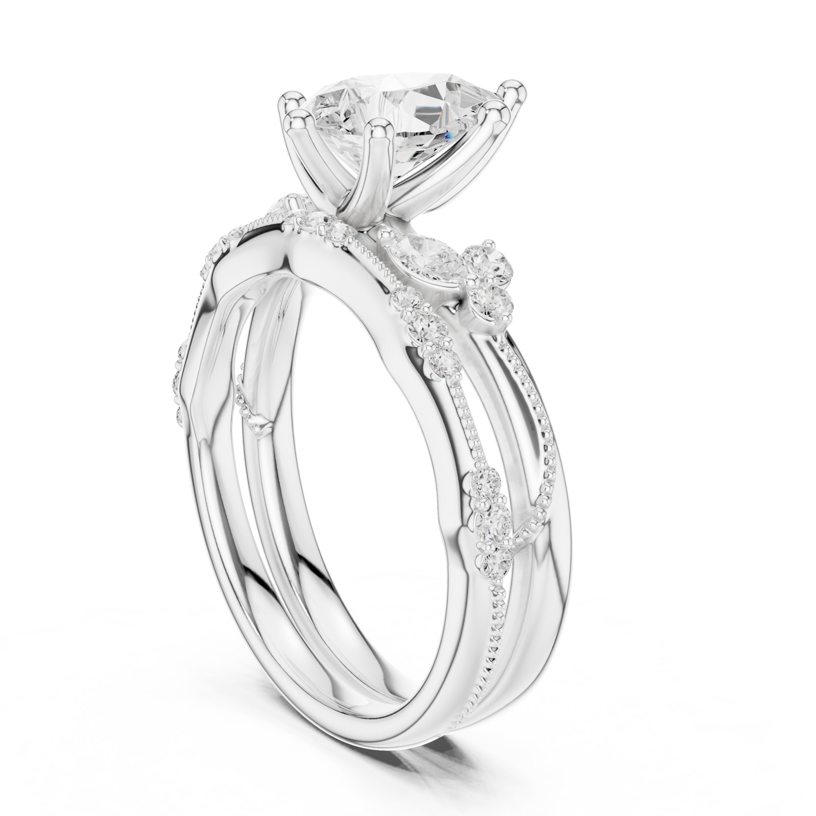 Georgette Pear Botanical Engagement Ring with Leaf Cluster Accents in white gold