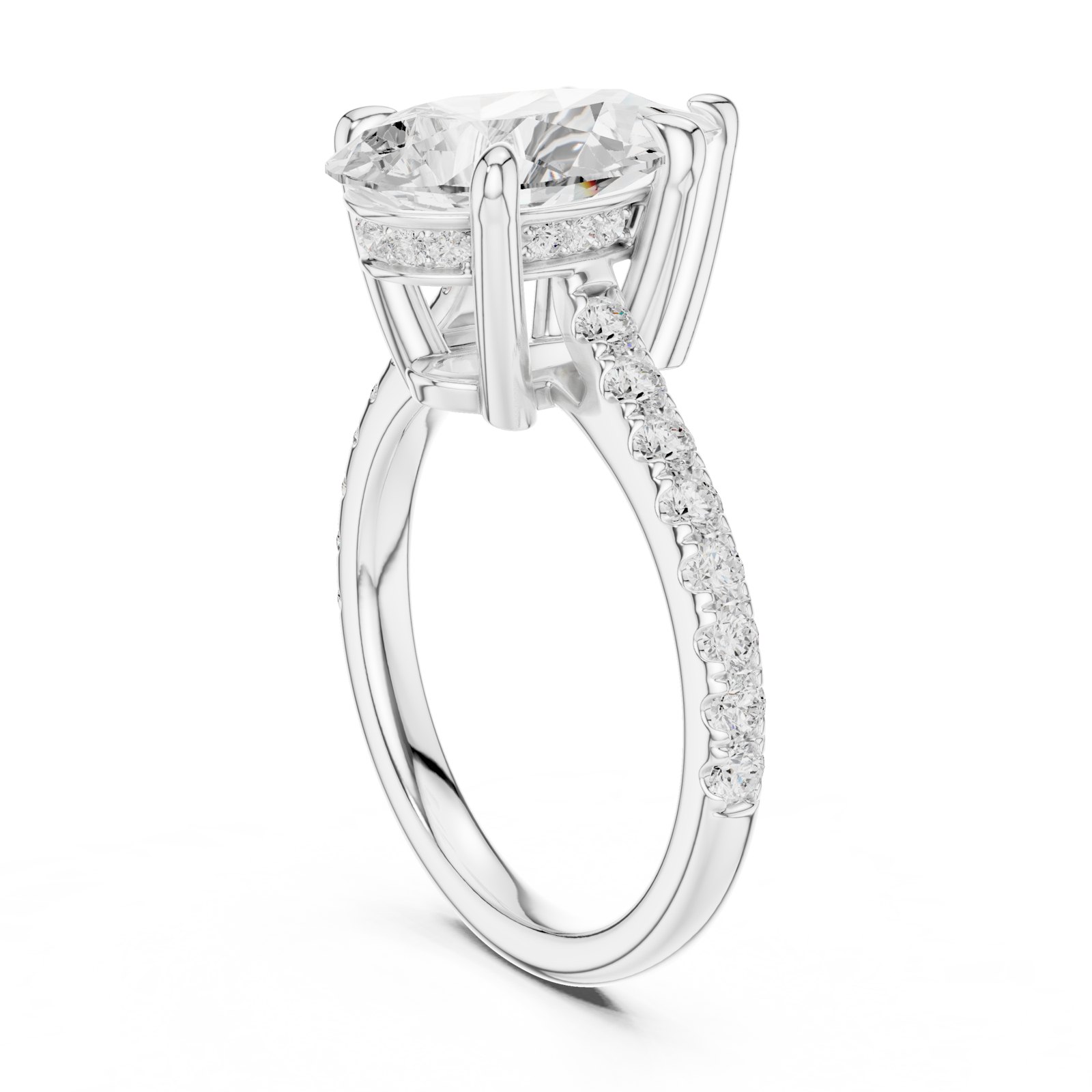 Irene Pear Hidden Halo Engagement Ring with Pavé Band in white gold