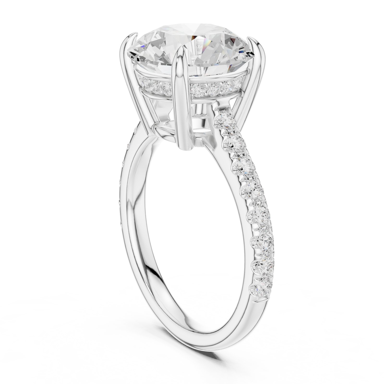 Agnete Round Hidden Halo Engagement Ring with Pavé Band in white gold