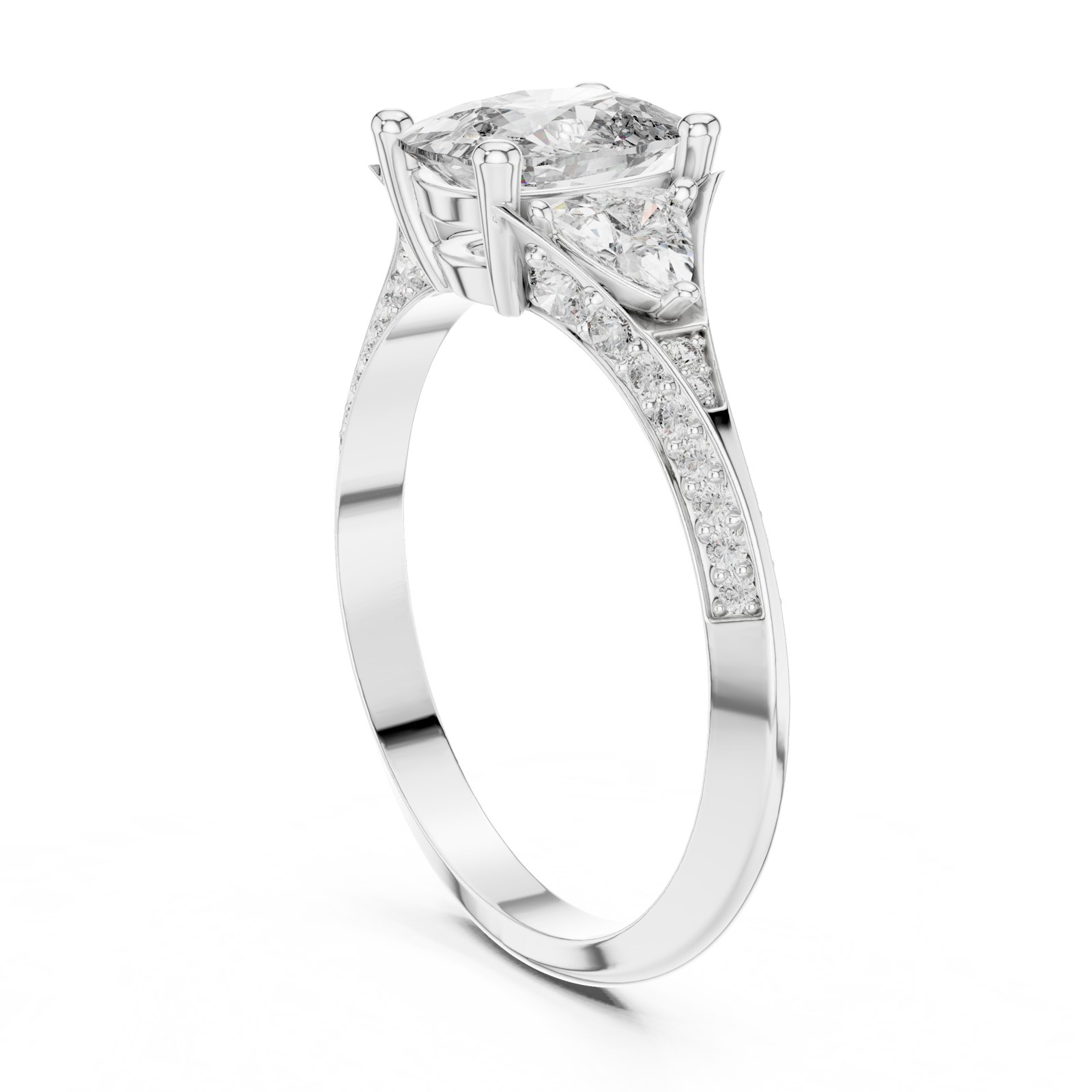 Morgana Cushion Cut Three Stone Ring with Pavé Shoulders in white gold