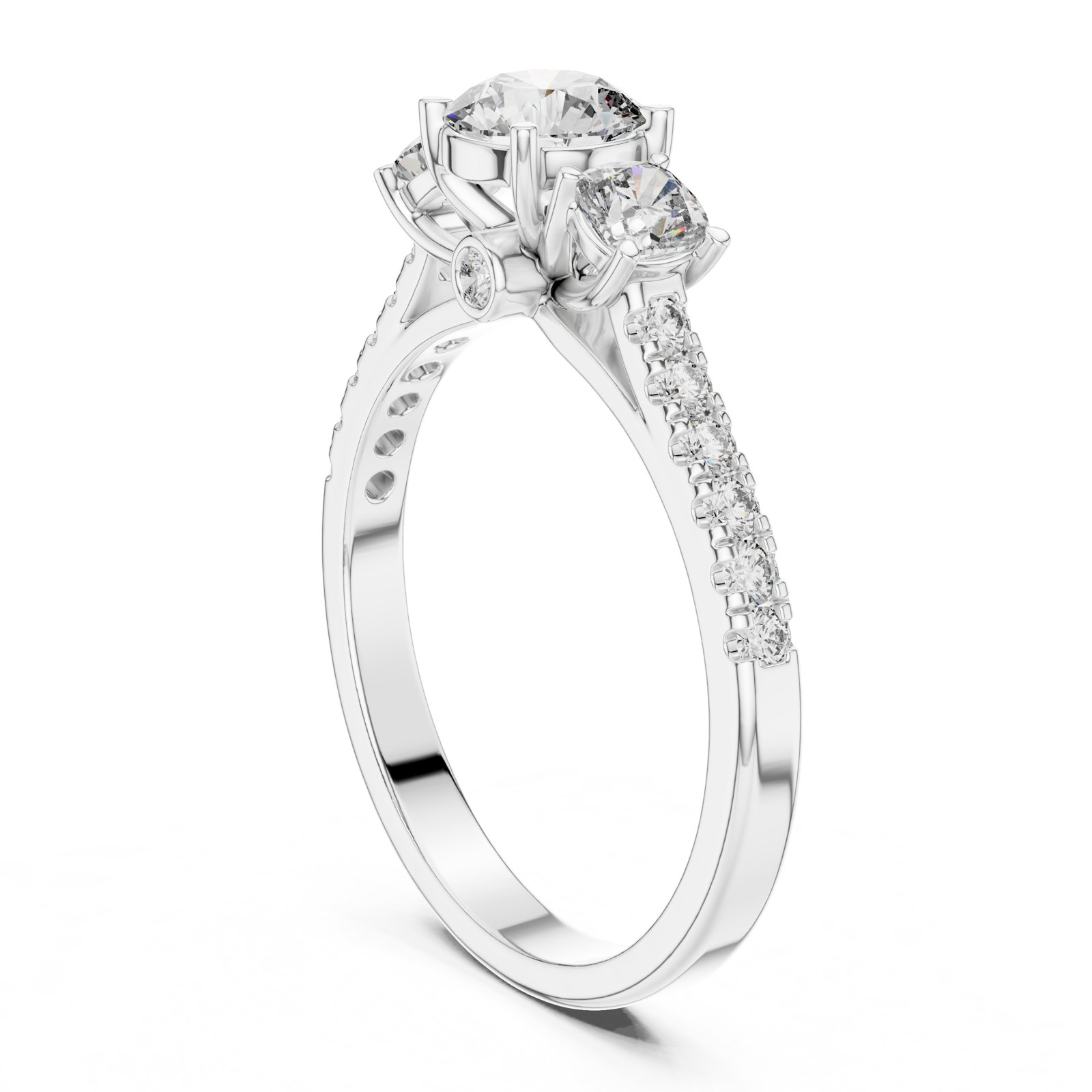 Gema Round Three Stone Engagement Ring with Pavé Shoulders in white gold