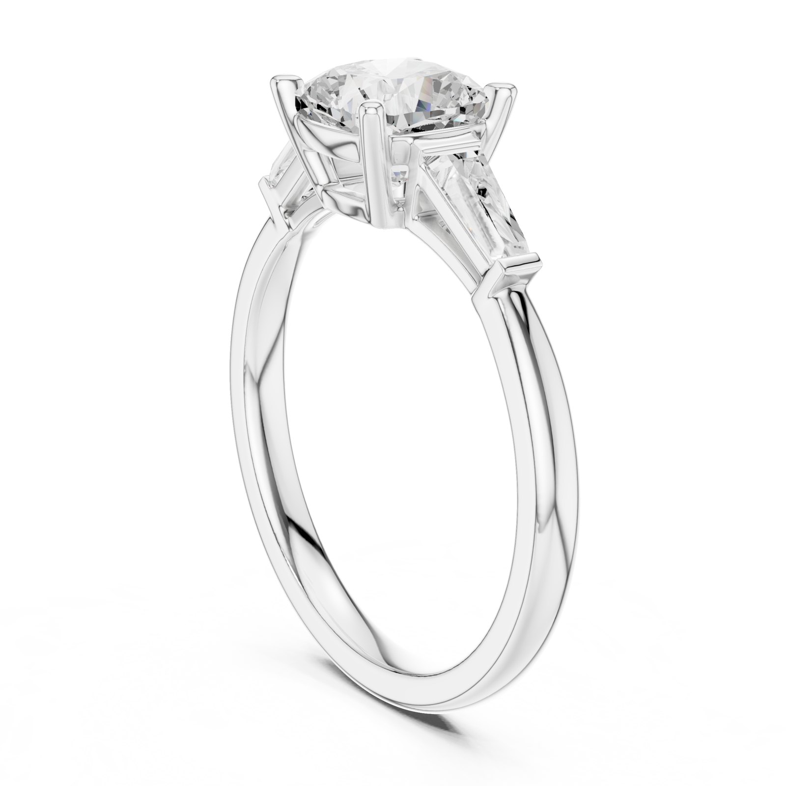 Quinn Cushion Cut Three Stone Engagement Ring with Baguette Sides in white gold