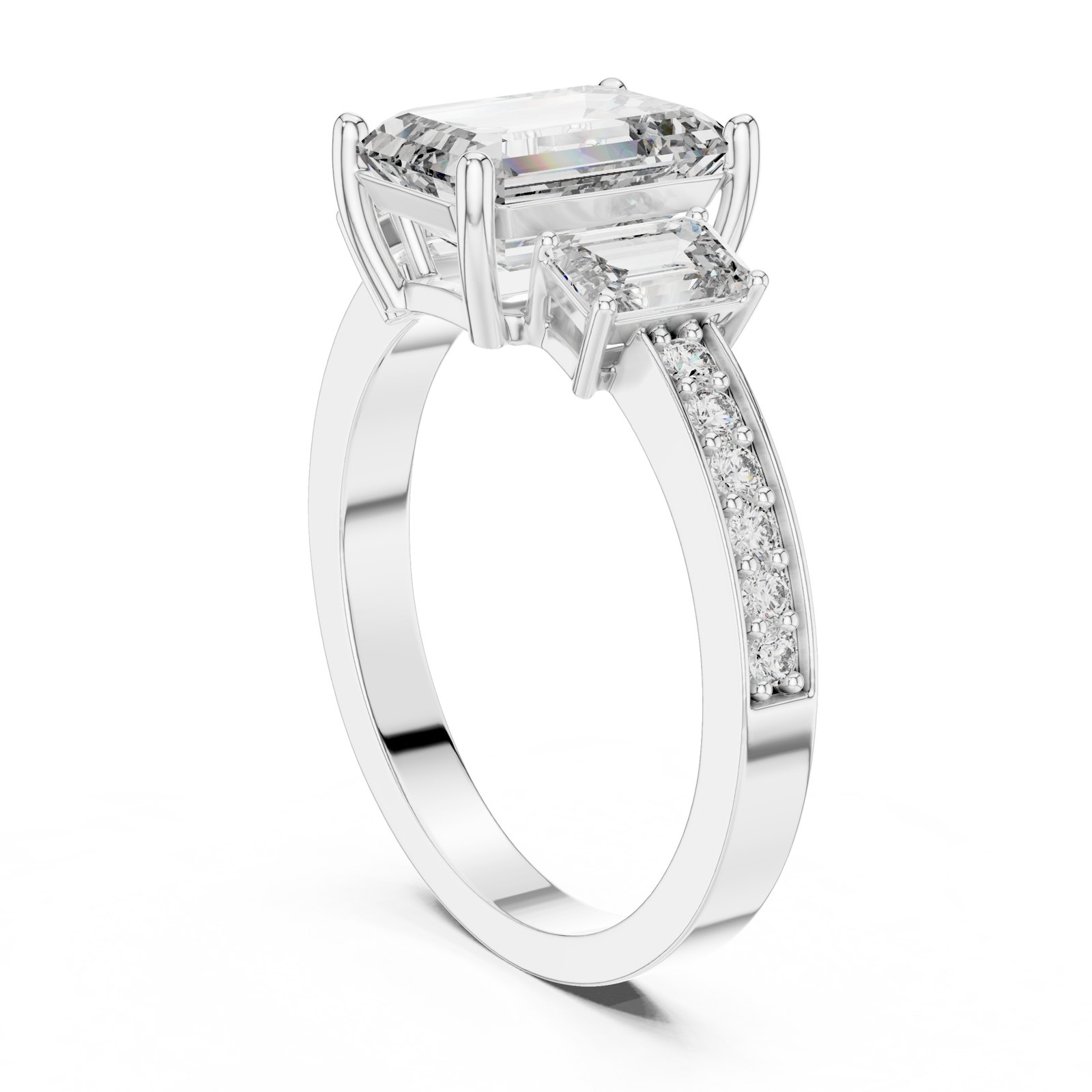 Melina Emerald Cut Three Stone Ring with Pavé Band in white gold