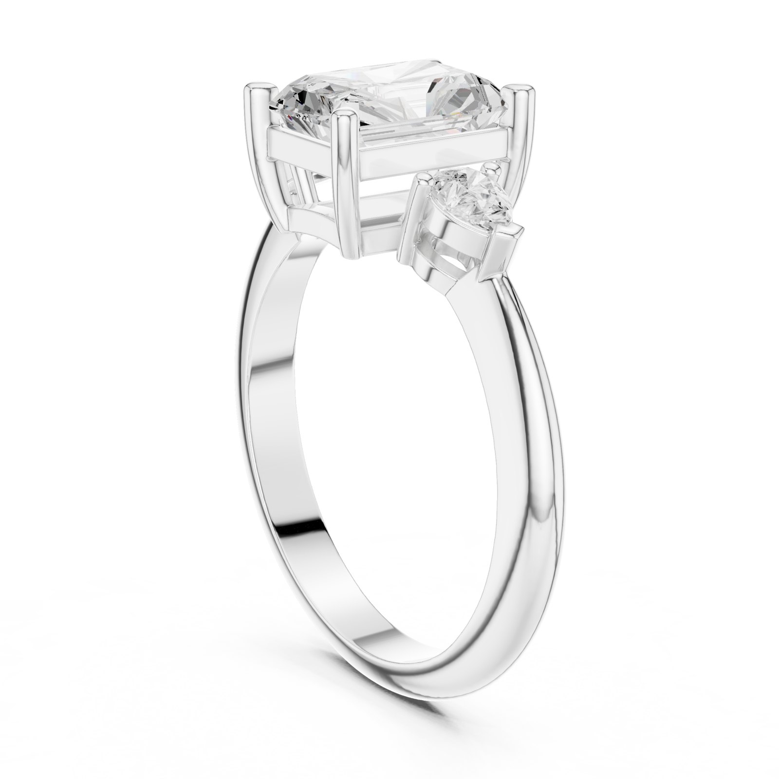 Sasha Radiant Three Stone Engagement Ring with Pear Sides in white gold