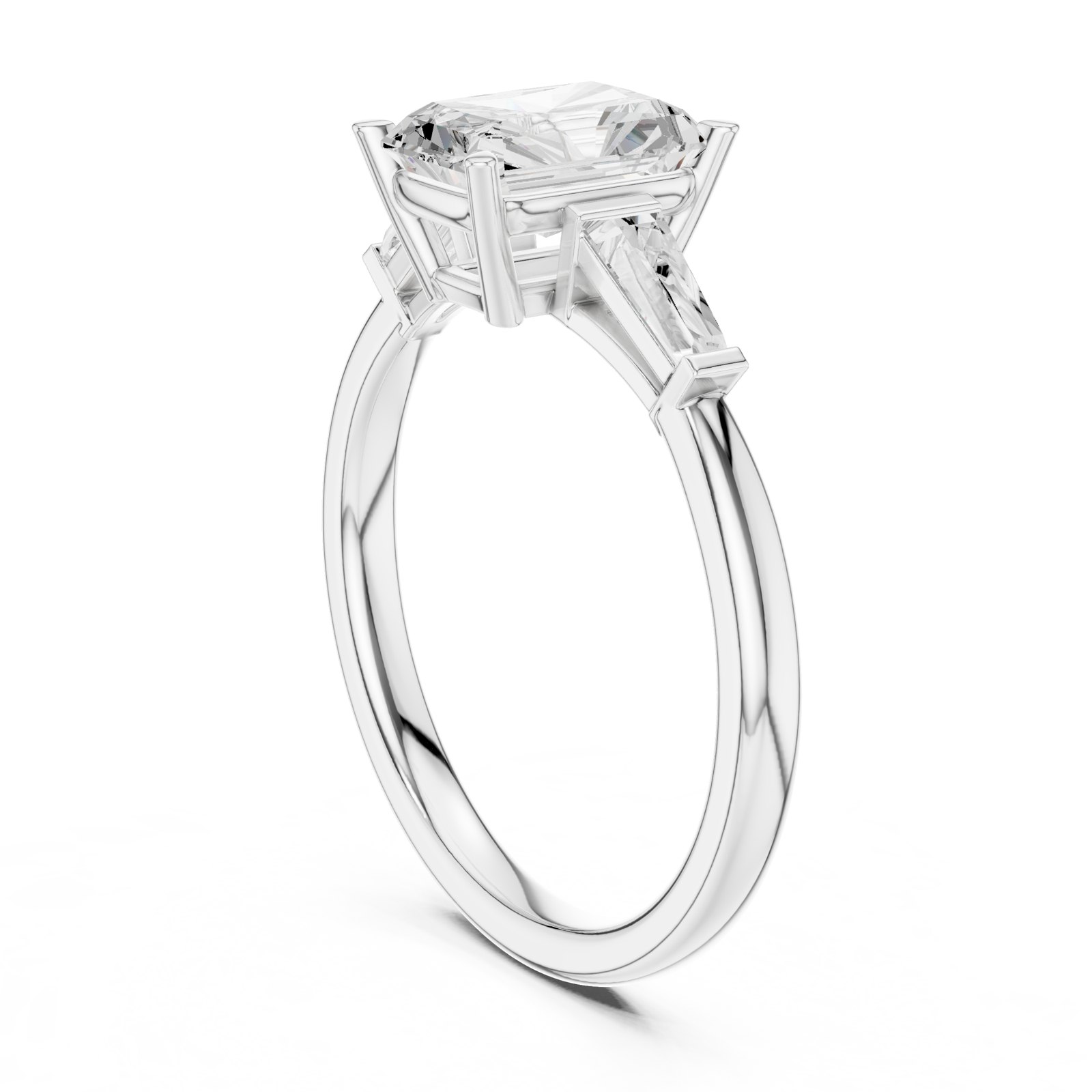 Rhea Radiant Cut Three Stone Engagement Ring with Baguette Sides in white gold