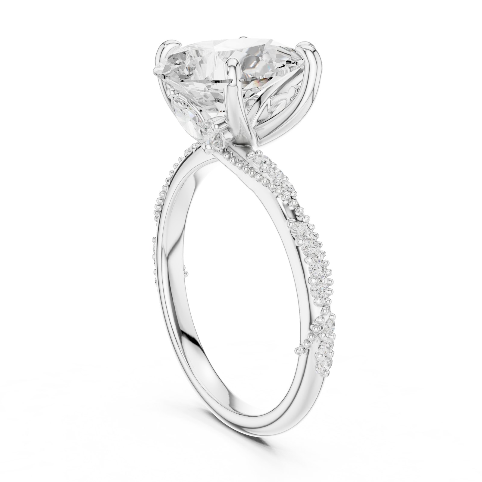 Clarisa Pear Twisted Milgrain Pavé Engagement Ring in white gold