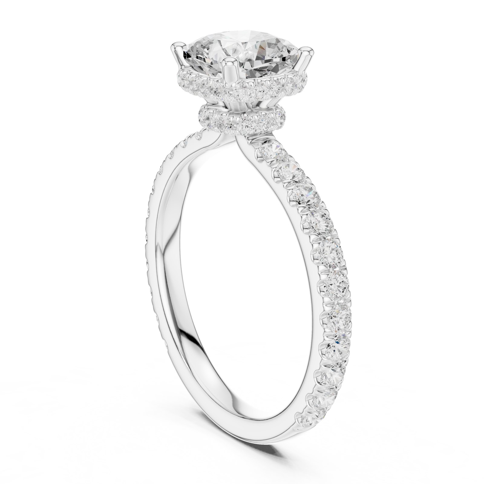 Dulcie Cushion Hidden Halo Engagement Ring with Pavé Band in white gold