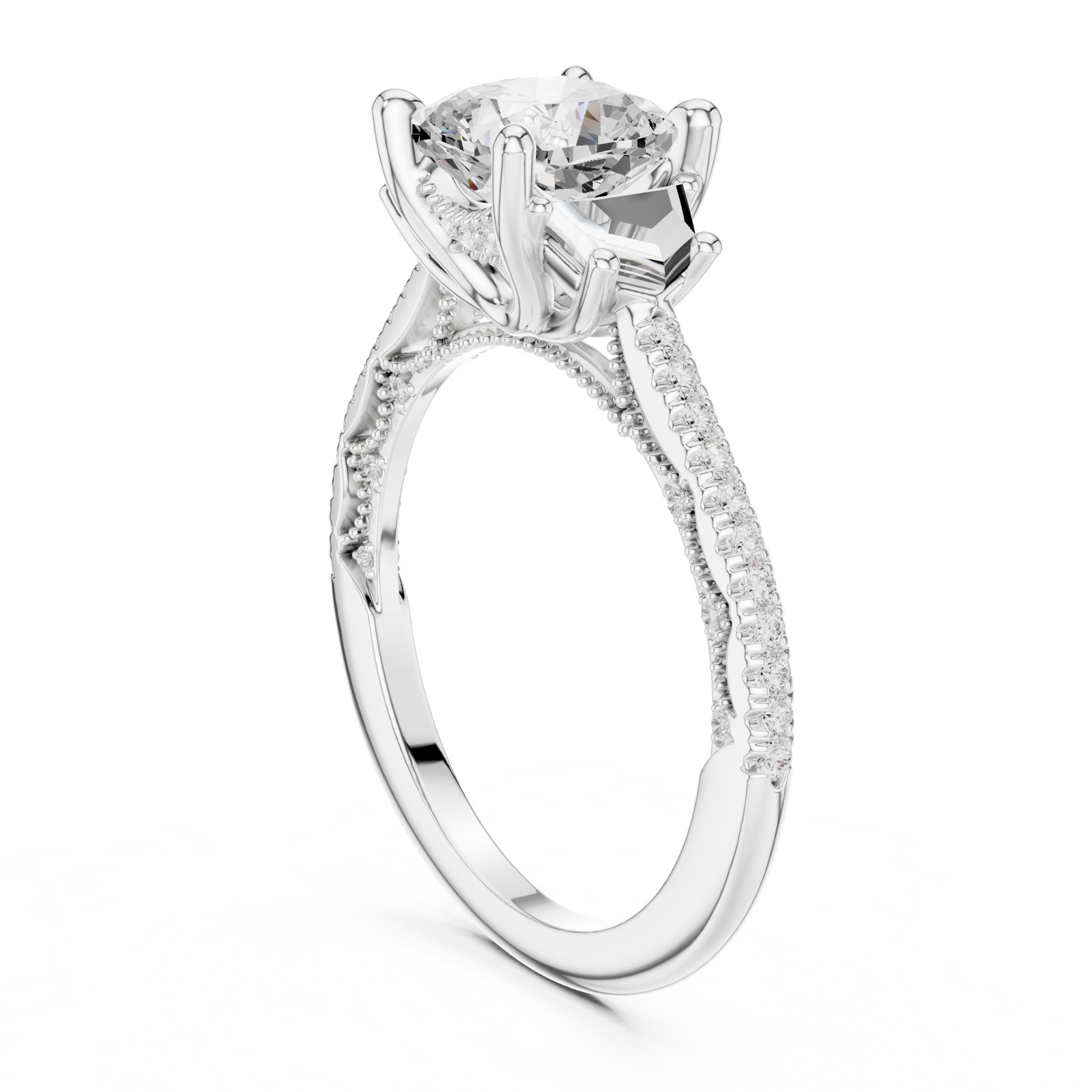 Gabrielle Cushion Three Stone Milgrain Pavé Engagement Ring in white gold