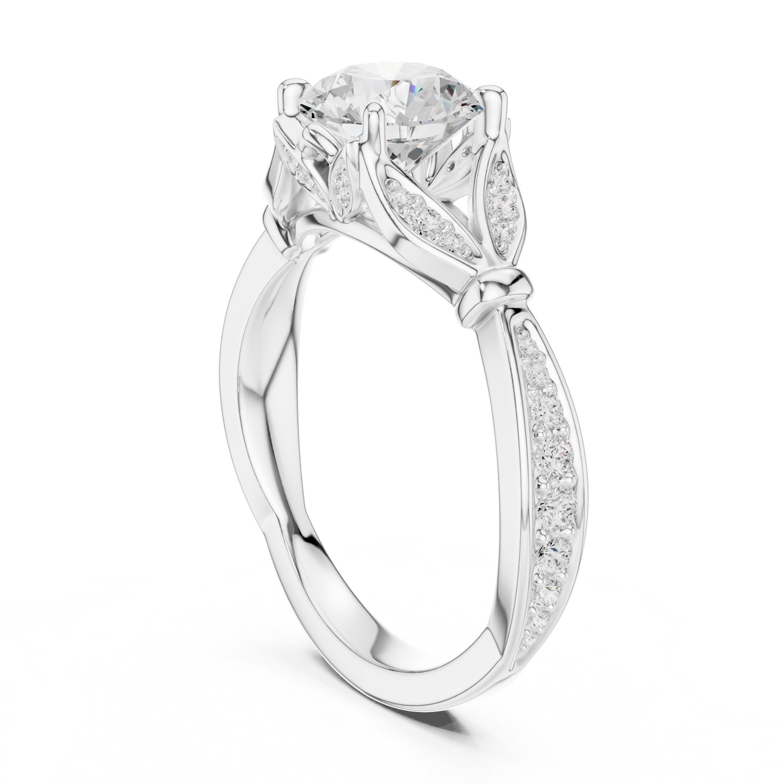 Vanesa Round Leaf Detail Twisted Pavé Engagement Ring in white gold