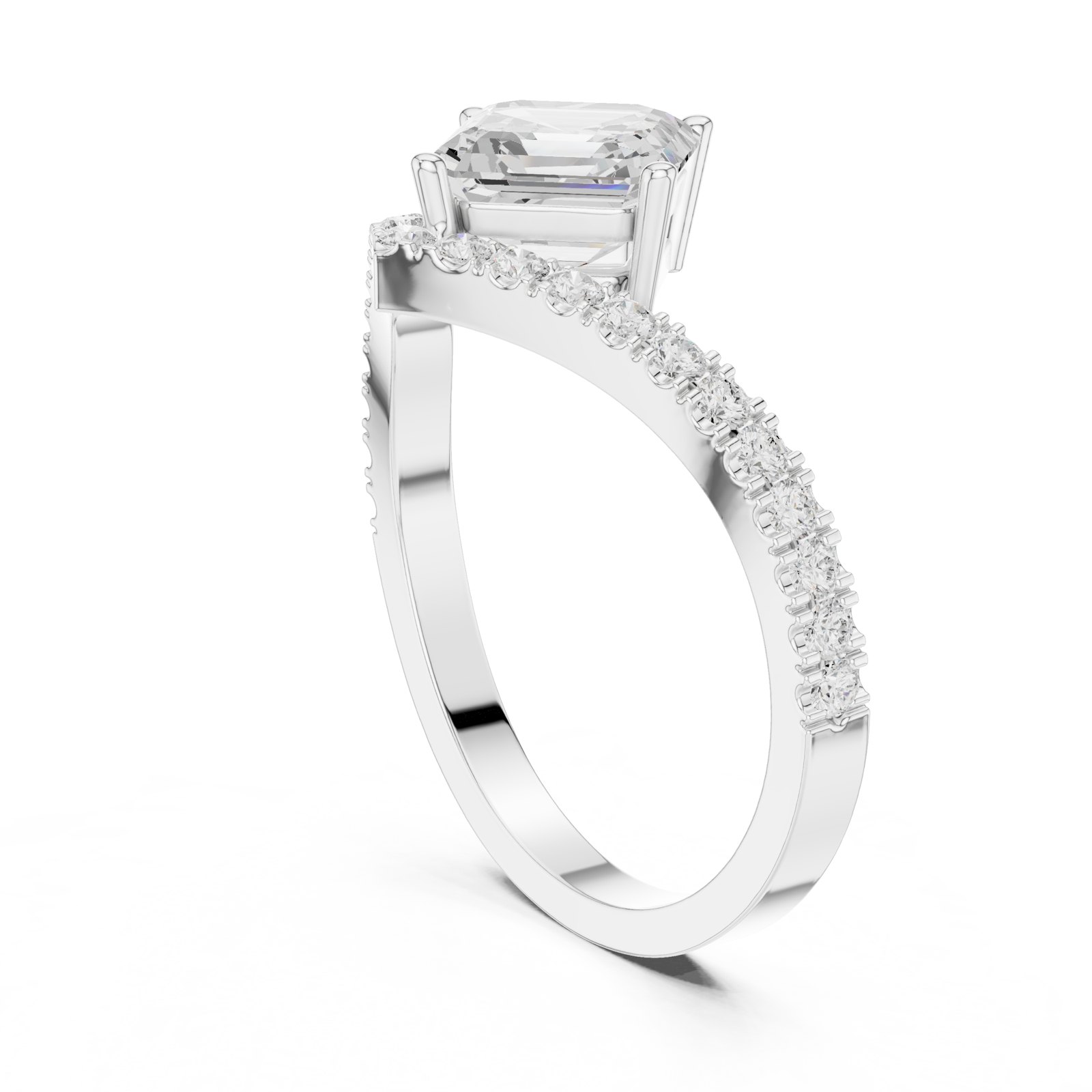 Helena Asscher Cut V-Shaped Pavé Solitaire Engagement Ring in white gold