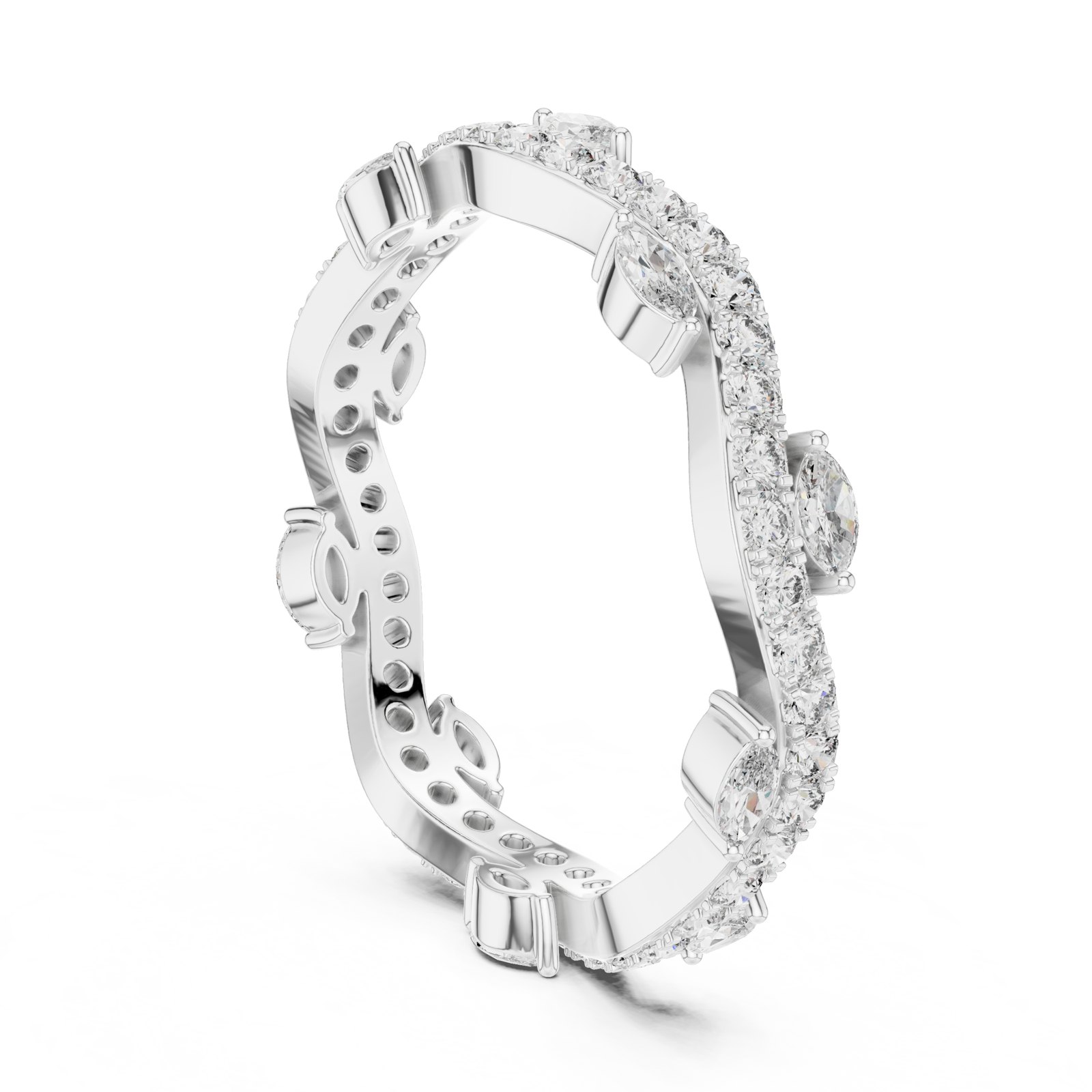 Suki Contoured Pavé Wedding Band with Marquise Accents in white gold