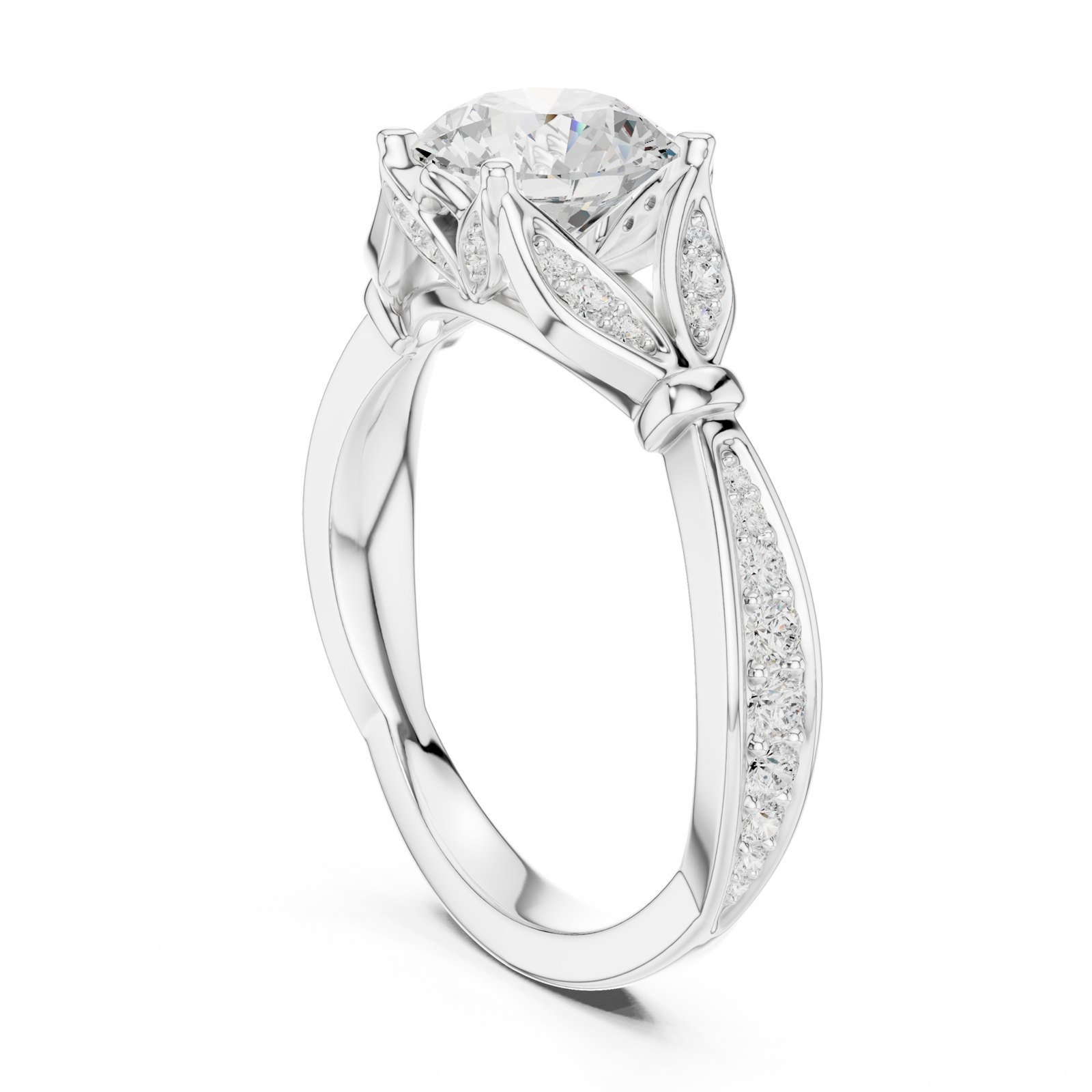 Hyacinth Round Leaf Detail Twisted Pavé Engagement Ring in white gold