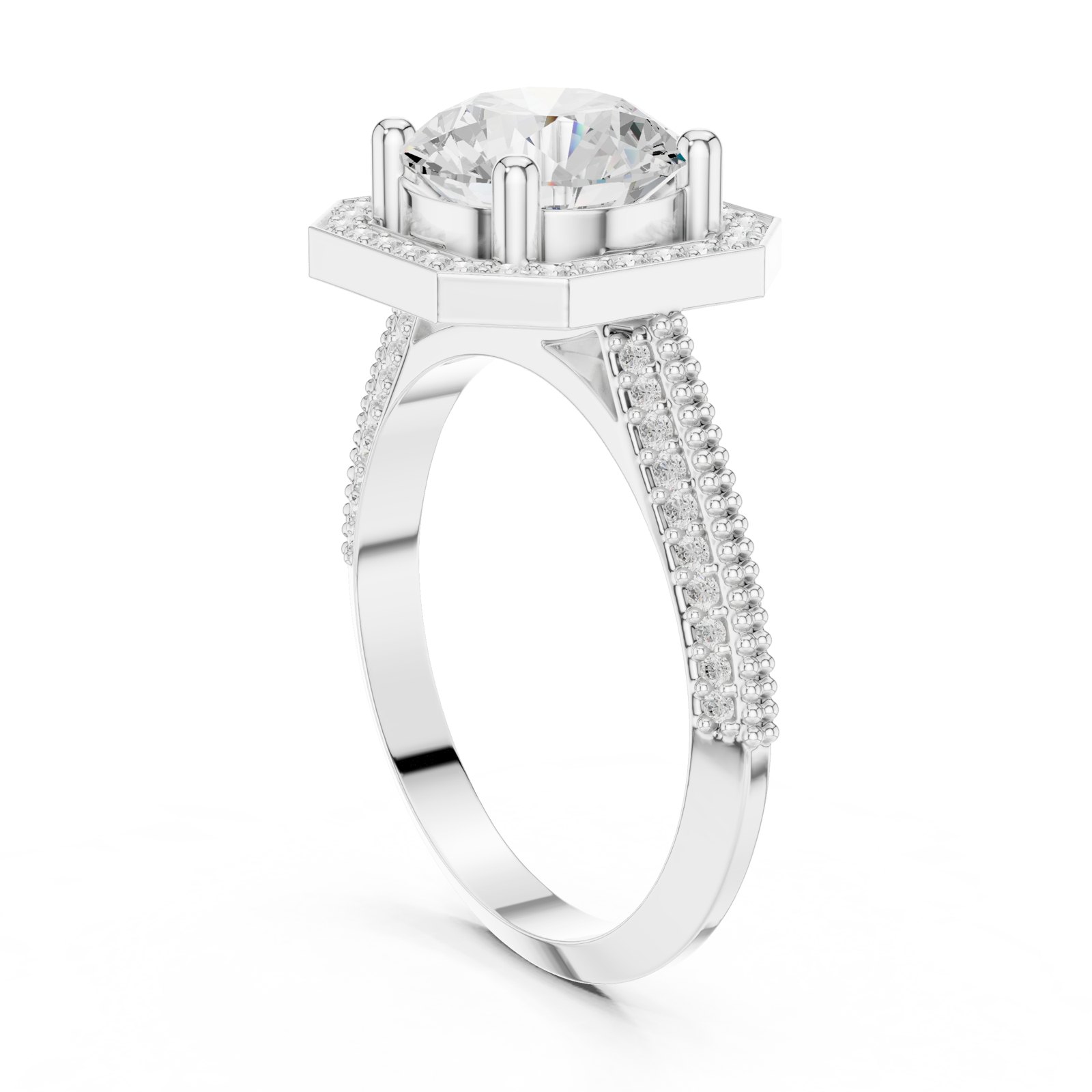 Ema Octagon Halo Engagement Ring with Milgrain Pavé Band in white gold