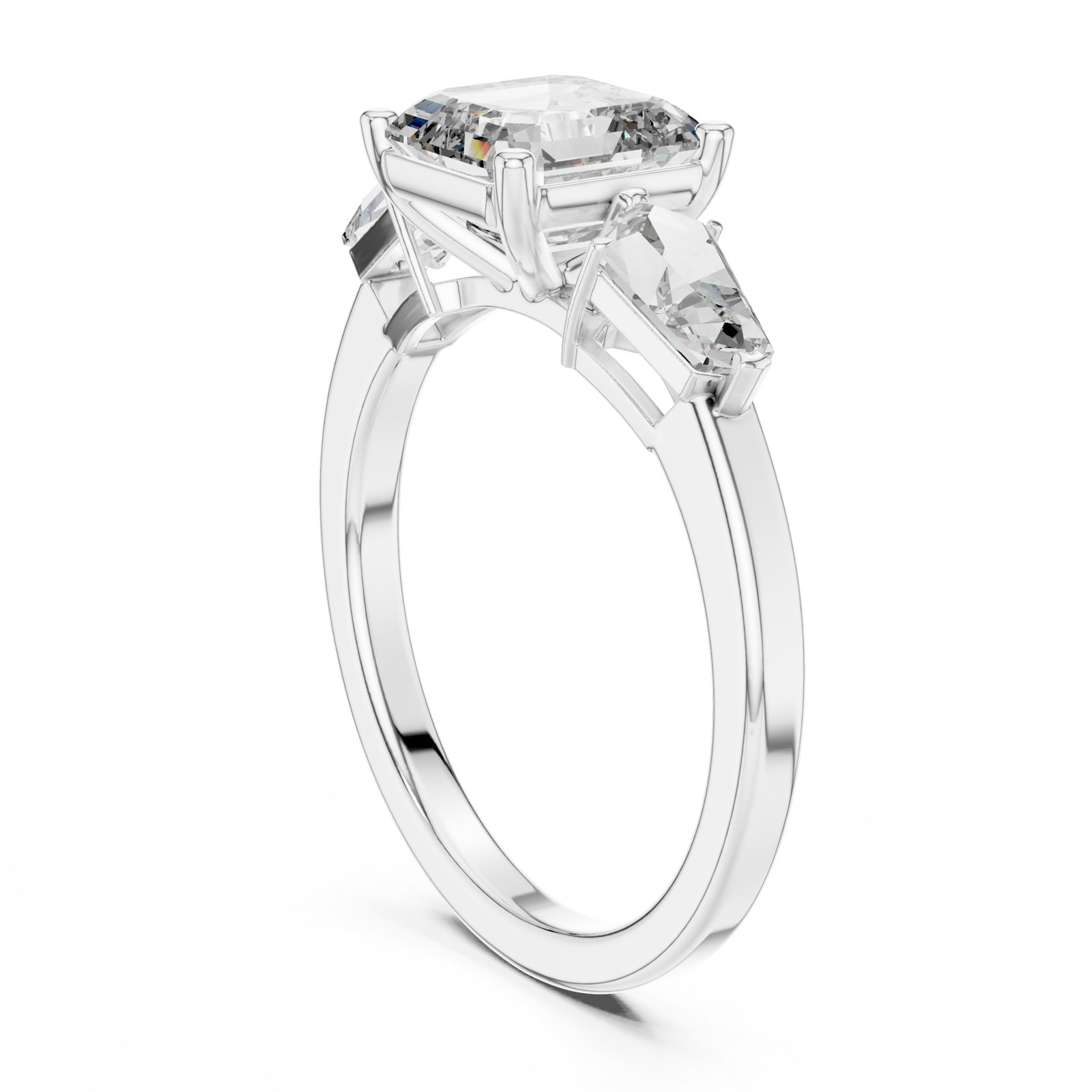Naomi Asscher Cut Three Stone Ring with Kite Side Stones in white gold