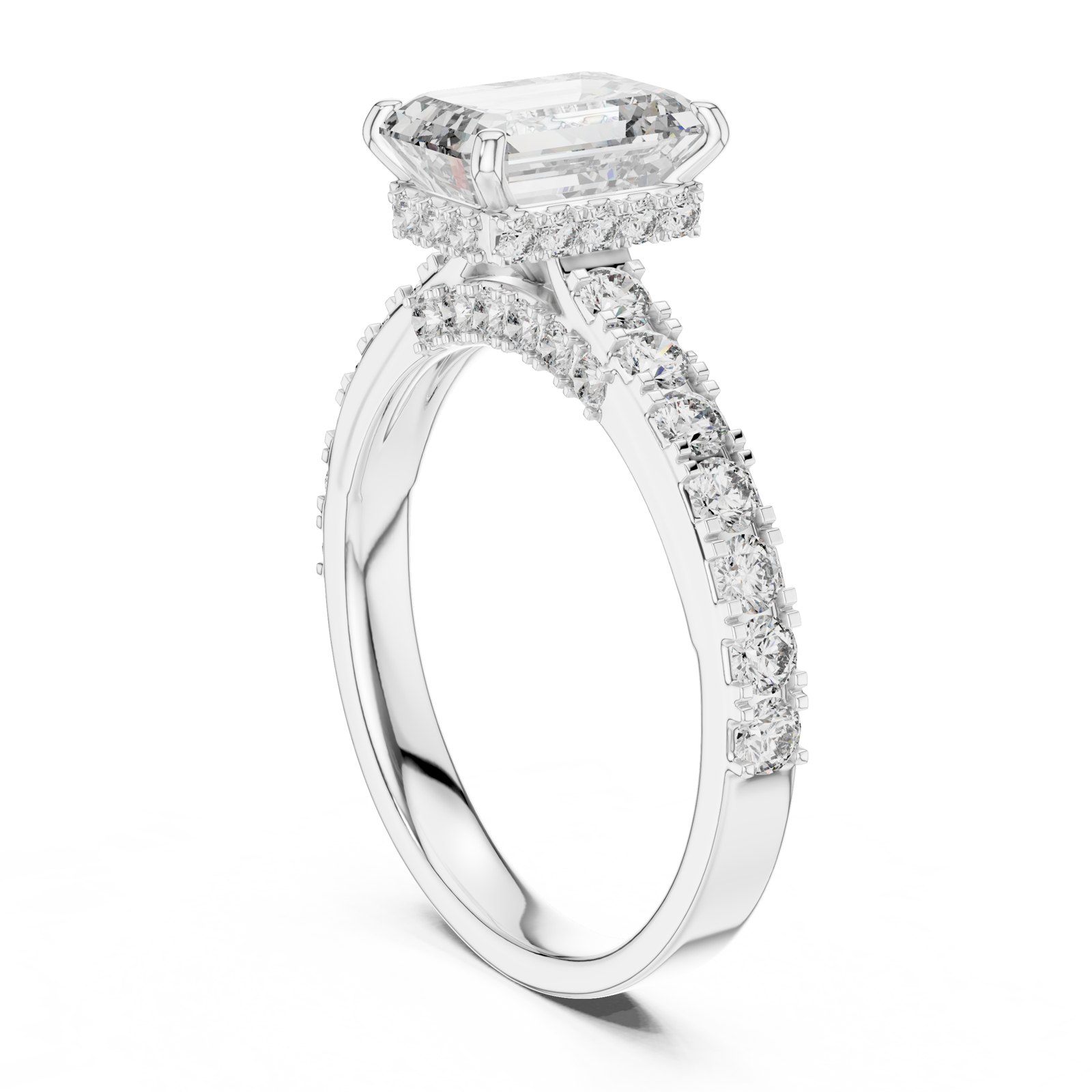 Aine Emerald Cut Hidden Halo Pavé Engagement Ring in white gold