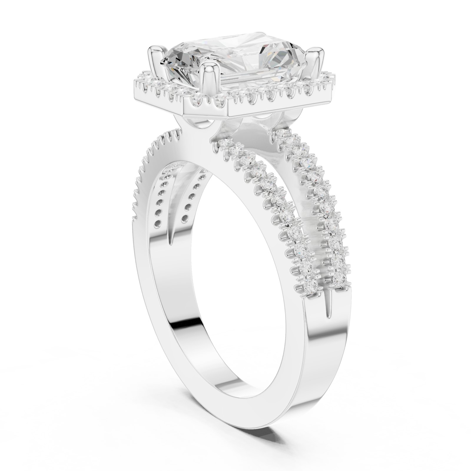 Mariana Radiant Halo Split Shank Engagement Ring in white gold
